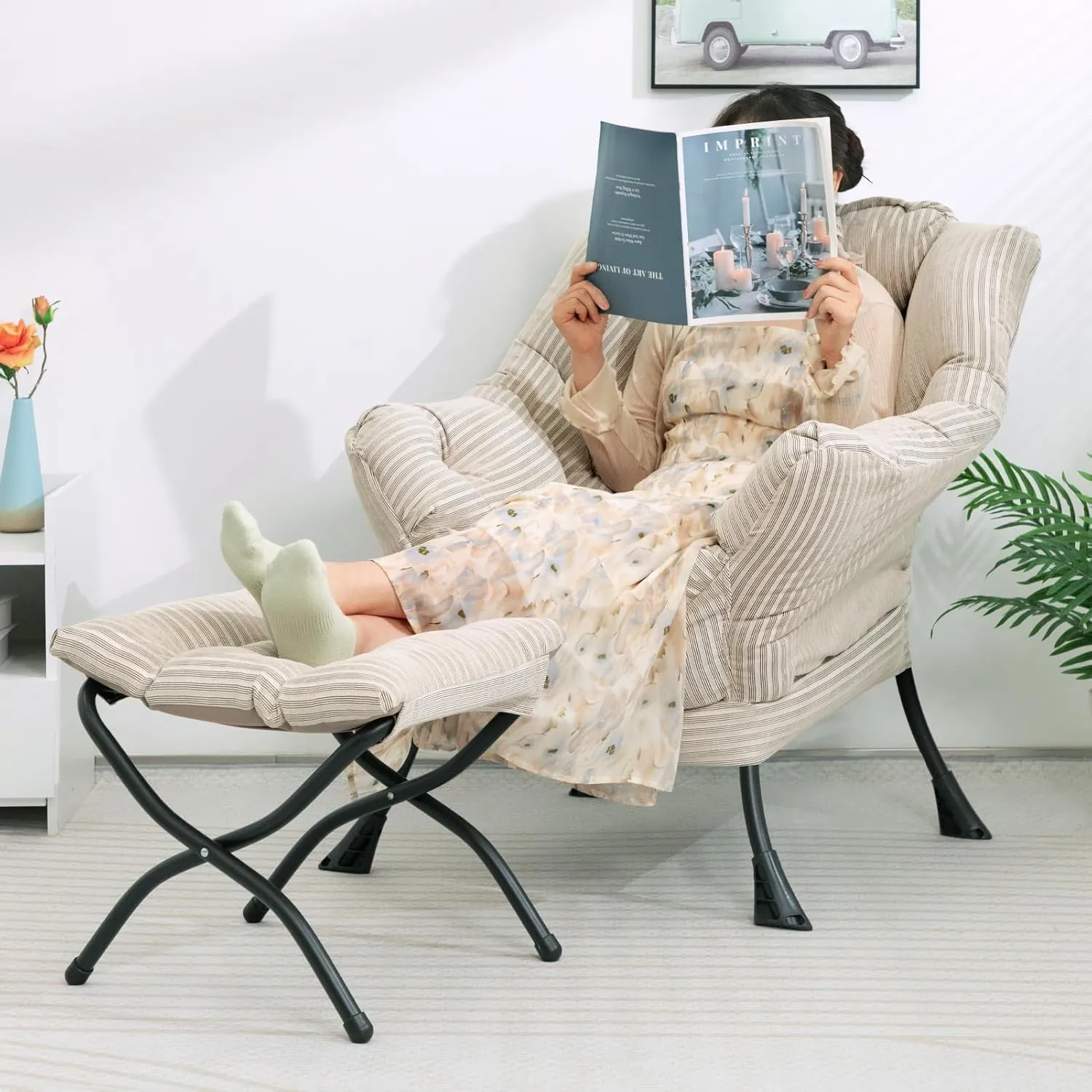 HollyHOME 15"(H) Folding Footrest Stool, Upholstered Small Foldable Ottoman, Accent Padded Sofa Foot Stool for Lazy Chair, Metal Frame Portable Foot Rest Ottoman for Living Room, Bedroom, Beige Stripe