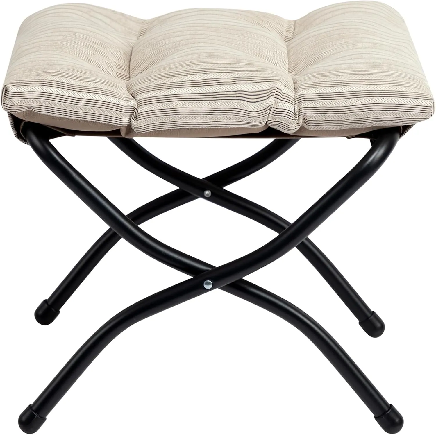 HollyHOME 15"(H) Folding Footrest Stool, Upholstered Small Foldable Ottoman, Accent Padded Sofa Foot Stool for Lazy Chair, Metal Frame Portable Foot Rest Ottoman for Living Room, Bedroom, Beige Stripe
