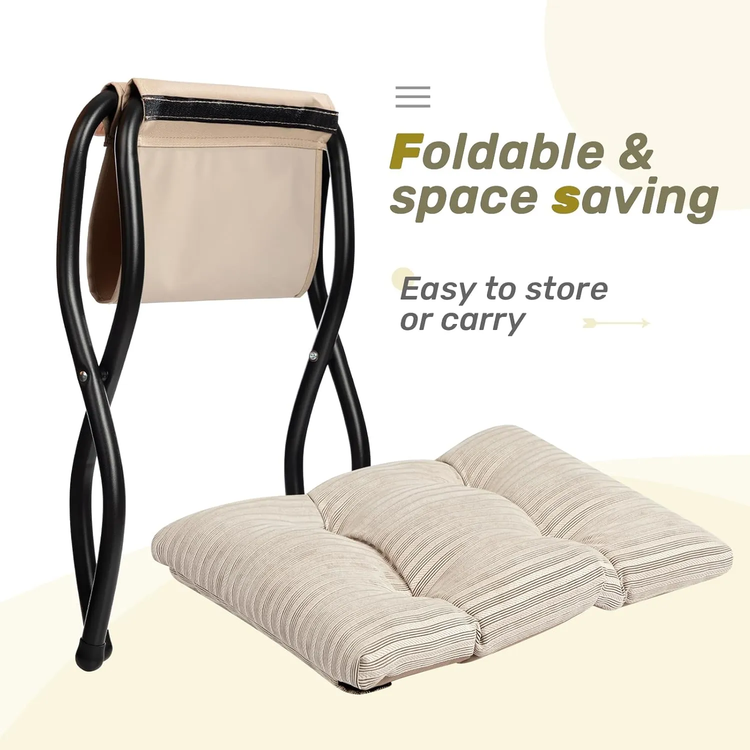 HollyHOME 15"(H) Folding Footrest Stool, Upholstered Small Foldable Ottoman, Accent Padded Sofa Foot Stool for Lazy Chair, Metal Frame Portable Foot Rest Ottoman for Living Room, Bedroom, Beige Stripe