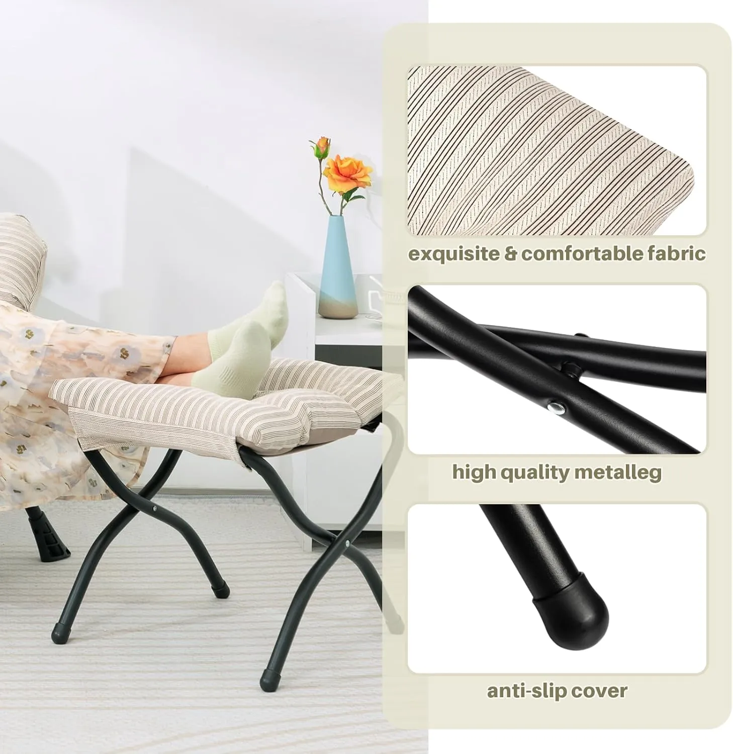 HollyHOME 15"(H) Folding Footrest Stool, Upholstered Small Foldable Ottoman, Accent Padded Sofa Foot Stool for Lazy Chair, Metal Frame Portable Foot Rest Ottoman for Living Room, Bedroom, Beige Stripe