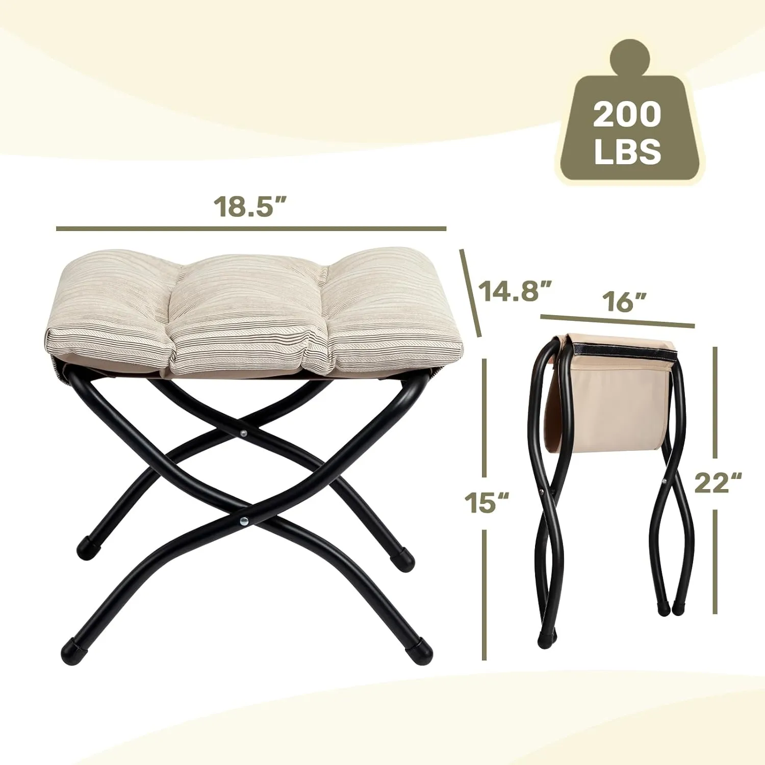 HollyHOME 15"(H) Folding Footrest Stool, Upholstered Small Foldable Ottoman, Accent Padded Sofa Foot Stool for Lazy Chair, Metal Frame Portable Foot Rest Ottoman for Living Room, Bedroom, Beige Stripe