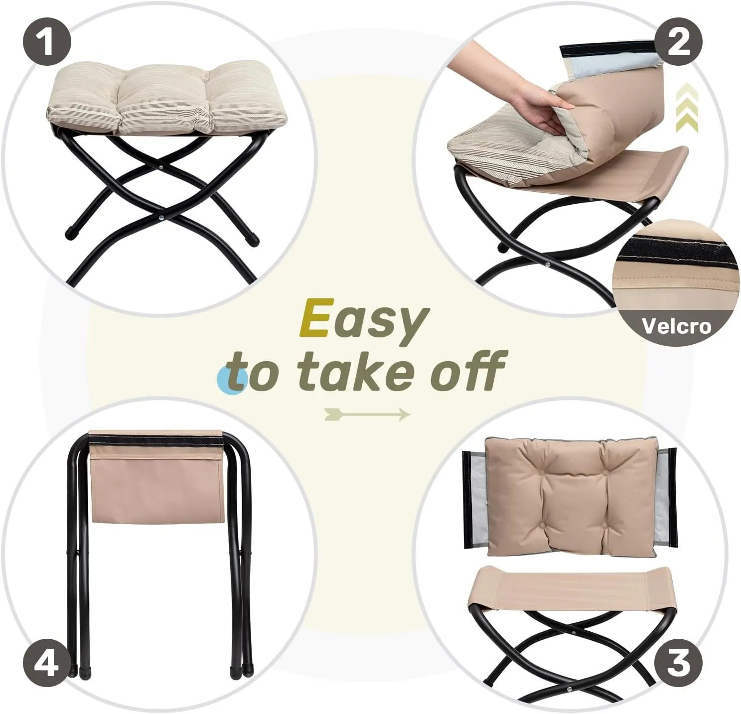 HollyHOME 15"(H) Folding Footrest Stool, Upholstered Small Foldable Ottoman, Accent Padded Sofa Foot Stool for Lazy Chair, Metal Frame Portable Foot Rest Ottoman for Living Room, Bedroom, Beige Stripe