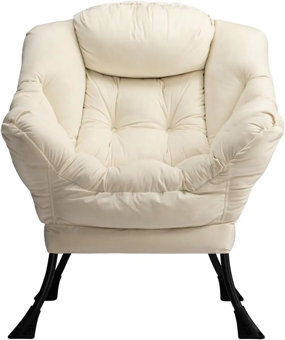 HollyHOME Modern Fabric Large Lazy Chair, Accent Oversized Comfy Reading Chair, Thick Padded Cozy Lounge Chair with Armrest, Steel Frame Leisure Sofa Chair for Living Room, Bedroom, Dorm, Beige
