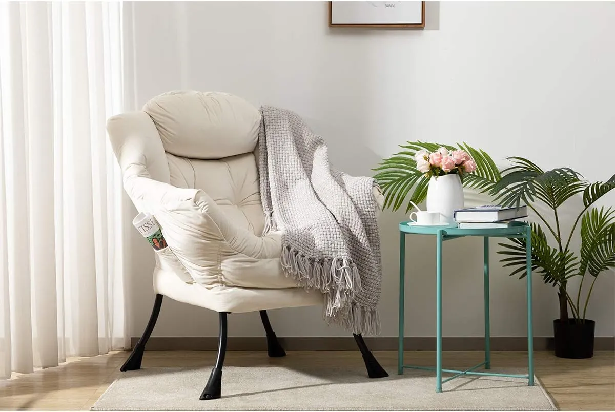 HollyHOME Modern Fabric Large Lazy Chair, Accent Oversized Comfy Reading Chair, Thick Padded Cozy Lounge Chair with Armrest, Steel Frame Leisure Sofa Chair for Living Room, Bedroom, Dorm, Beige