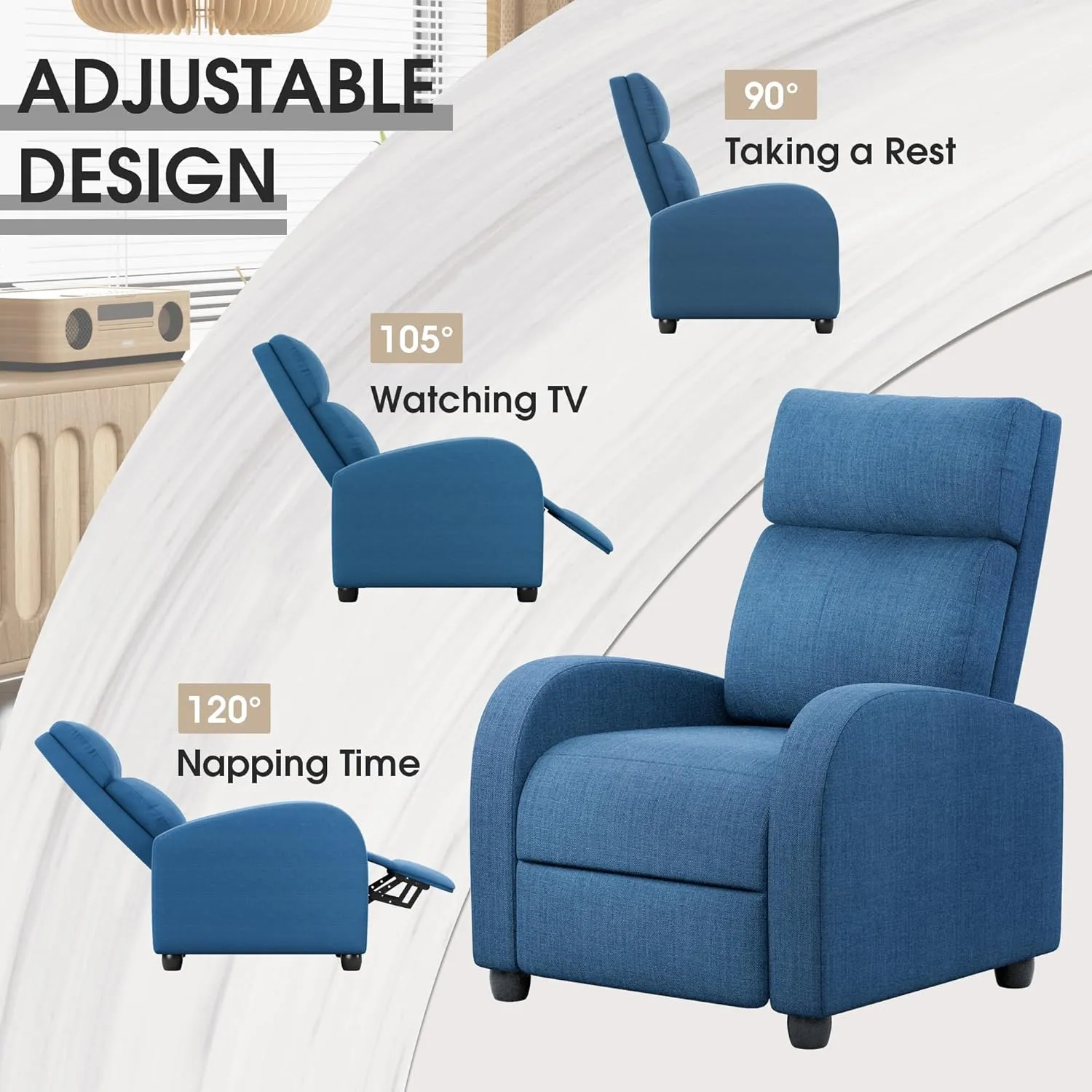 Homall Recliner Chair, Recliner Sofa for Adults, Recliners Home Theater Seating with Lumbar Support, Reclining Sofa Chair for Living Room (Fabric, Blue)