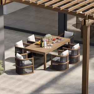 homary 7-Piece Outdoor Patio Dining Set, Aluminum Tabletop Dining Table & 6 Woven Armchairs, Weather Resistant Garden Furniture with Cushions for Backyard, Patio or Terrace, Natural