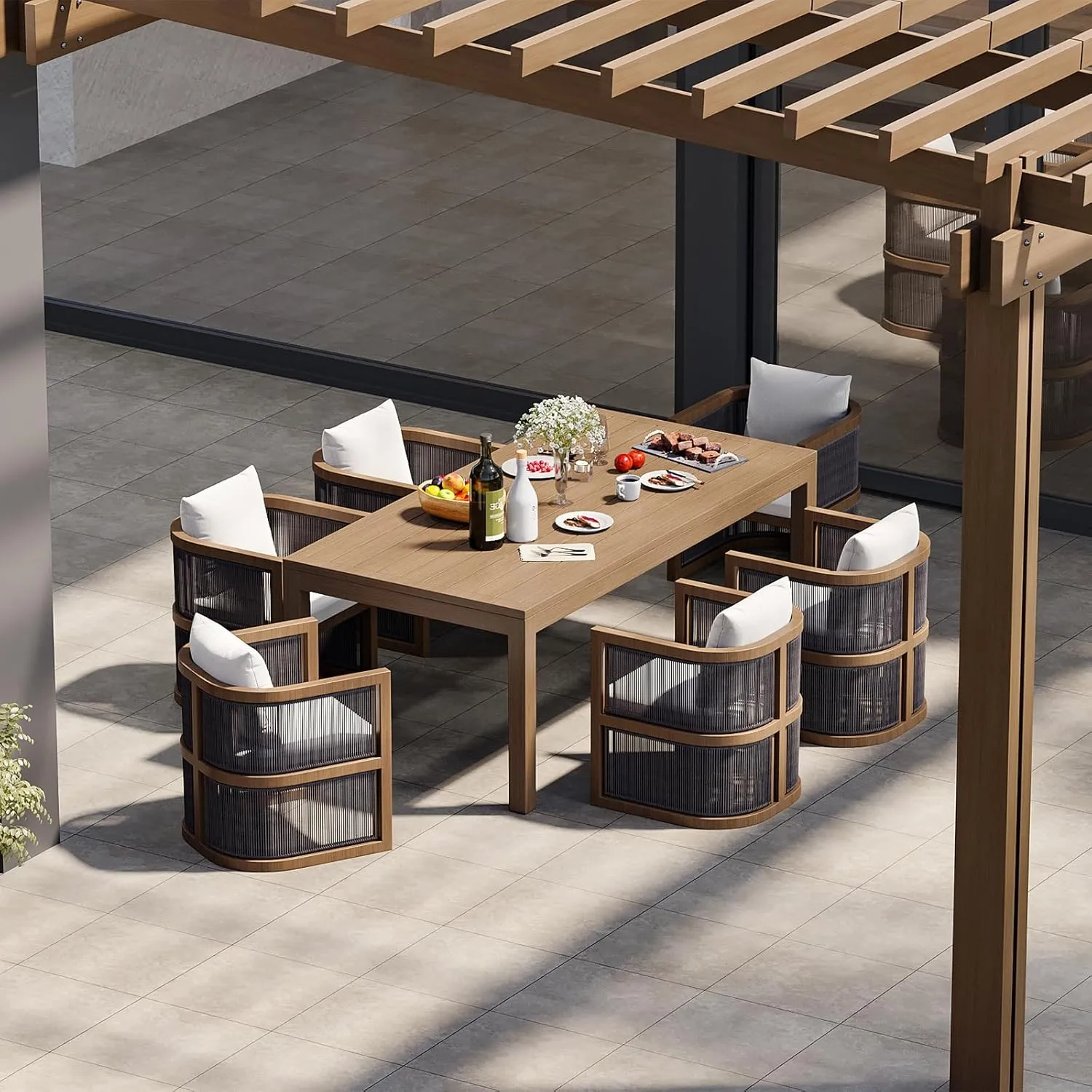 homary 7-Piece Outdoor Patio Dining Set, Aluminum Tabletop Dining Table & 6 Woven Armchairs, Weather Resistant Garden Furniture with Cushions for Backyard, Patio or Terrace, Natural