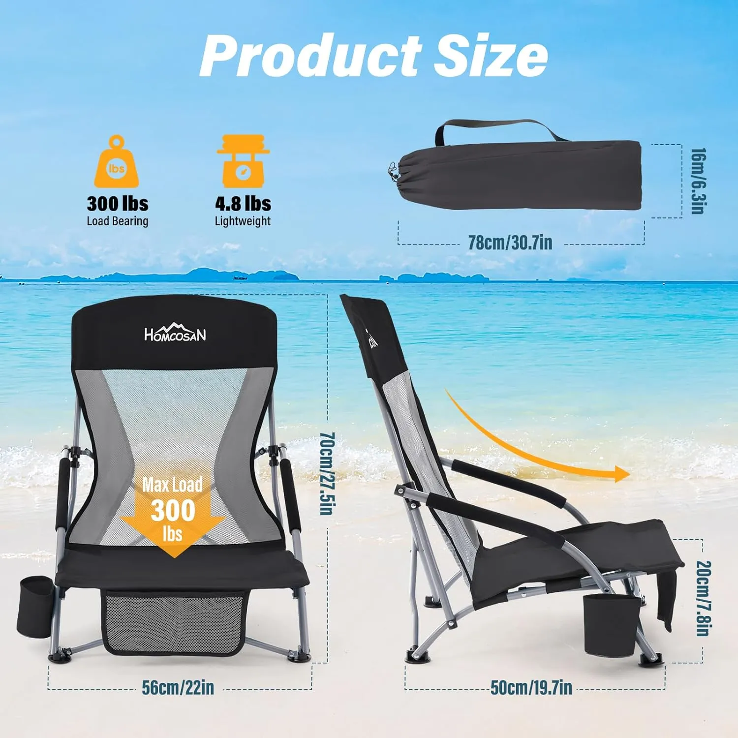 Homcosan Portable Low Folding Beach Chairs Set of 2 - Lightweight Camping Chairs for Adults with Cup Holder & Storage Pockets, Carry Bag Included (Black & Gray)