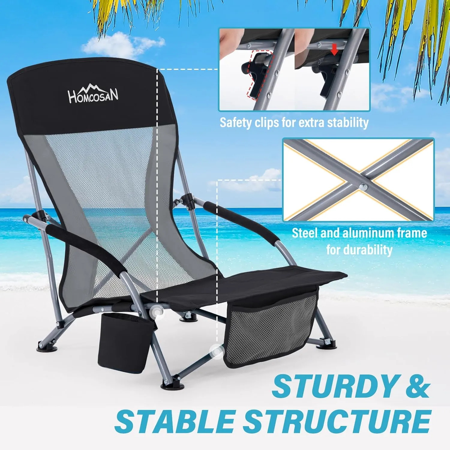 Homcosan Portable Low Folding Beach Chairs Set of 2 - Lightweight Camping Chairs for Adults with Cup Holder & Storage Pockets, Carry Bag Included (Black & Gray)
