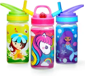Home Tune 15oz Kids Water Drinking Bottle - BPA Free, Wide Mouth, Flip Sip Top, Easy Open, Lightweight, Leak-Proof, Cute Design For Girls & Boys - 3 Pack Unicorn & Fairy & Mermaid