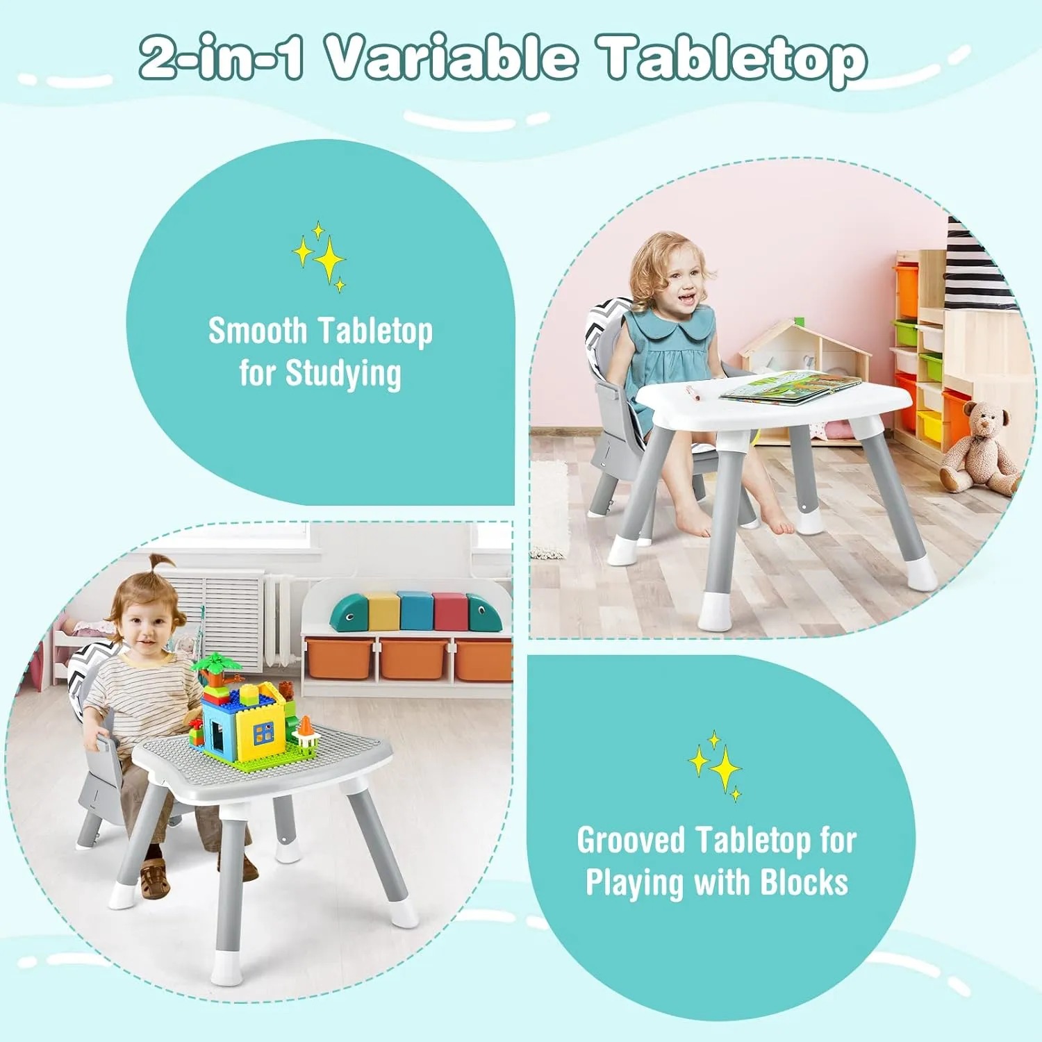 HONEY JOY 8 in 1 Baby High Chair, Convertible Highchair for Babies and Toddlers/Table and Chair Set/Building Block Table/Booster Seat/Stool/Toddler Chair with Safety Harness (Wave Gray)