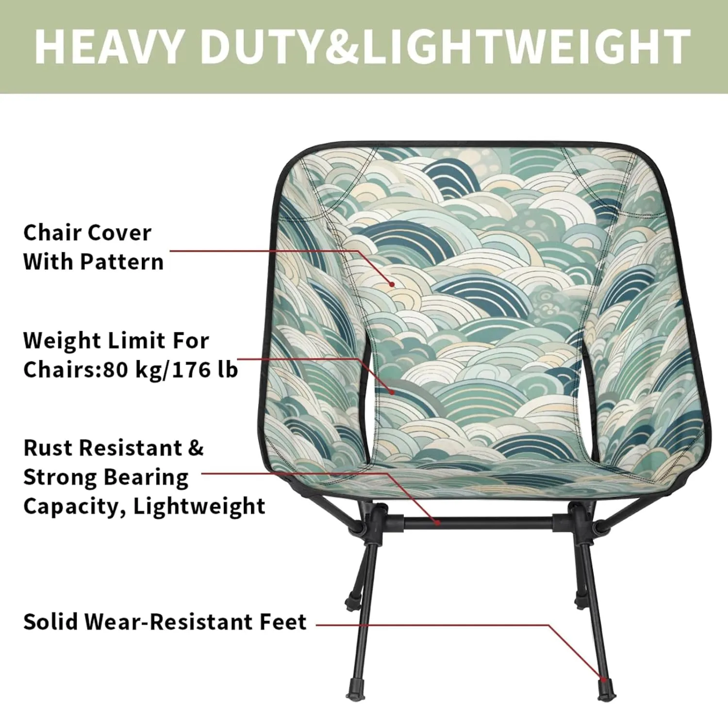 Honeybaby Folding Camping Chair Abstract Sea Water Camping Chairs Lightweight Portable Chair Outdoor Foldable Chairs for Camping Travel Picnic Beach Hiking
