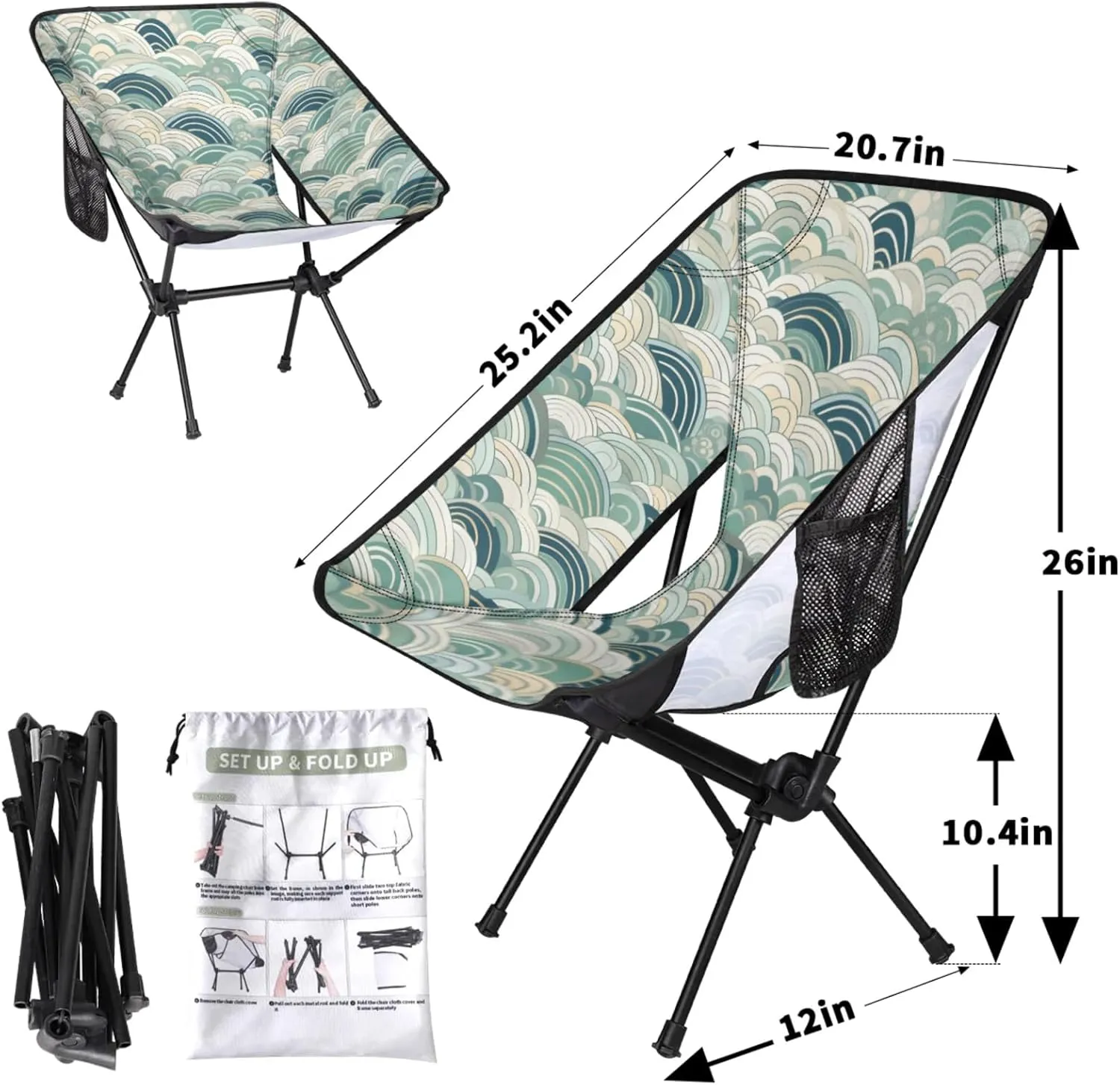 Honeybaby Folding Camping Chair Abstract Sea Water Camping Chairs Lightweight Portable Chair Outdoor Foldable Chairs for Camping Travel Picnic Beach Hiking