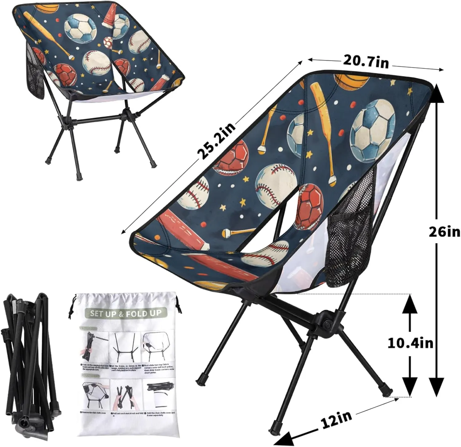 Honeybaby Folding Camping Chair Baseball Basketball Soccer Camping Chairs Lightweight Portable Chair Outdoor Foldable Chairs for Camping Travel Picnic Beach Hiking