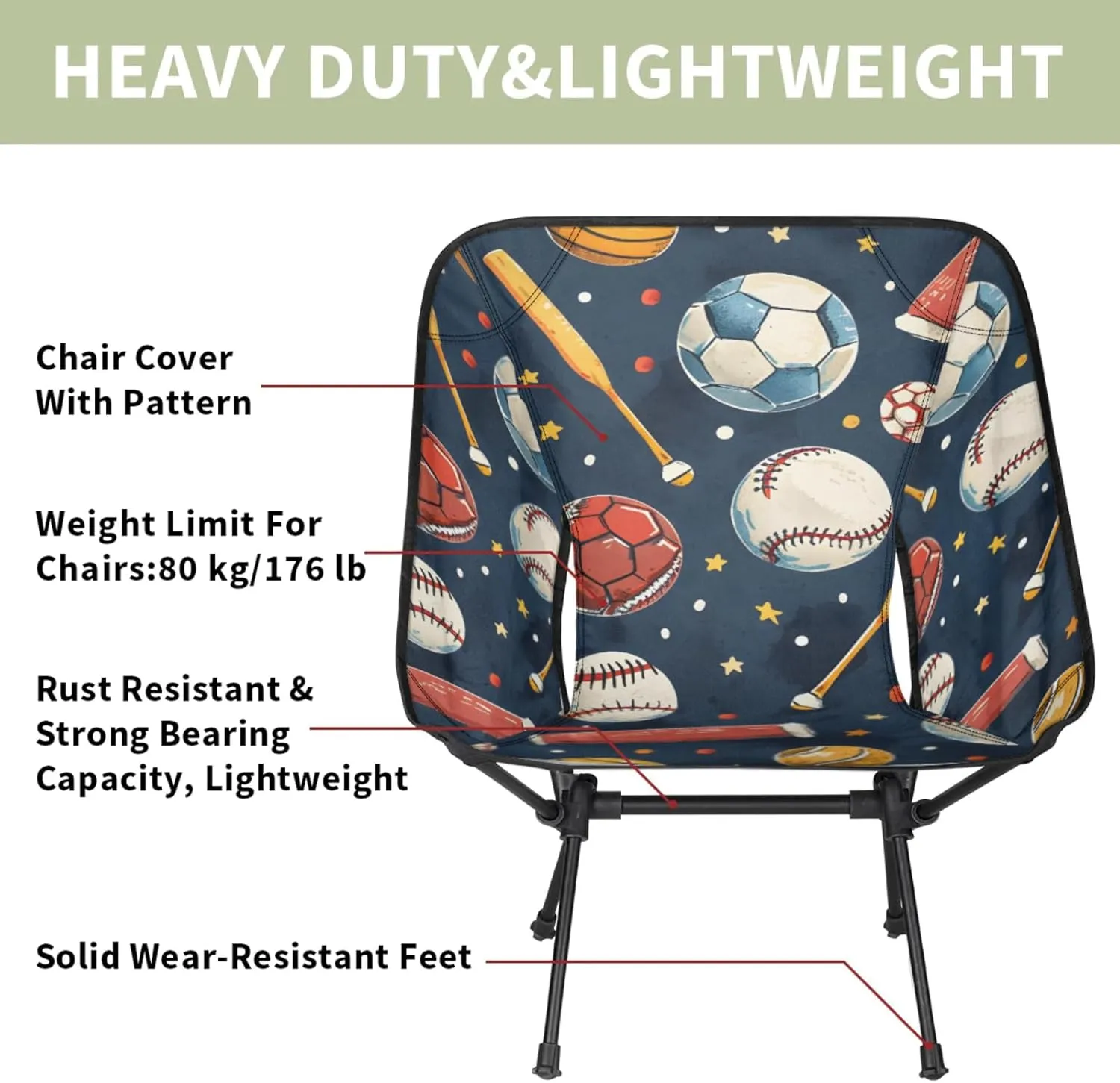 Honeybaby Folding Camping Chair Baseball Basketball Soccer Camping Chairs Lightweight Portable Chair Outdoor Foldable Chairs for Camping Travel Picnic Beach Hiking
