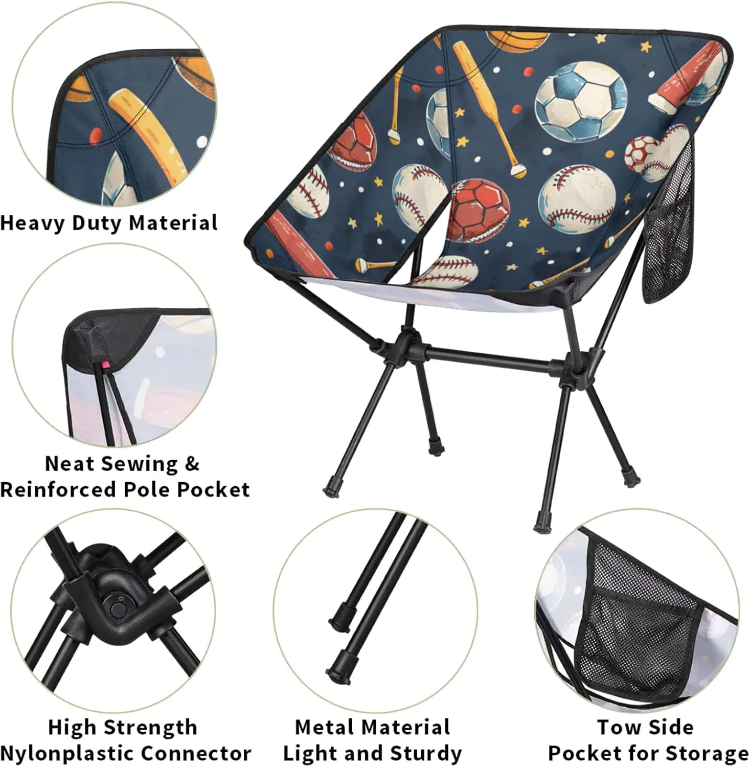 Honeybaby Folding Camping Chair Baseball Basketball Soccer Camping Chairs Lightweight Portable Chair Outdoor Foldable Chairs for Camping Travel Picnic Beach Hiking