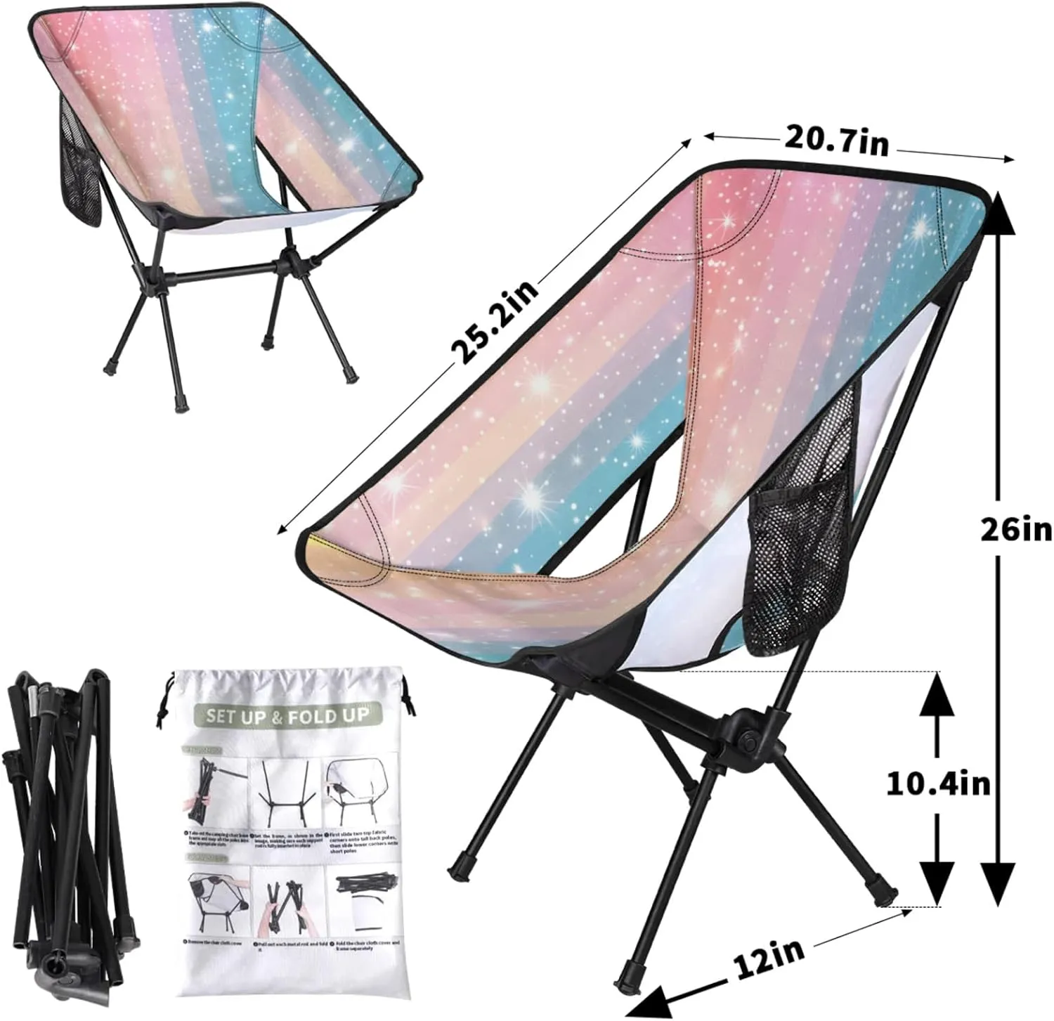 Honeybaby Folding Camping Chair Rainbow Stripes Camping Chairs Lightweight Portable Chair Outdoor Foldable Chairs for Camping Travel Picnic Beach Hiking