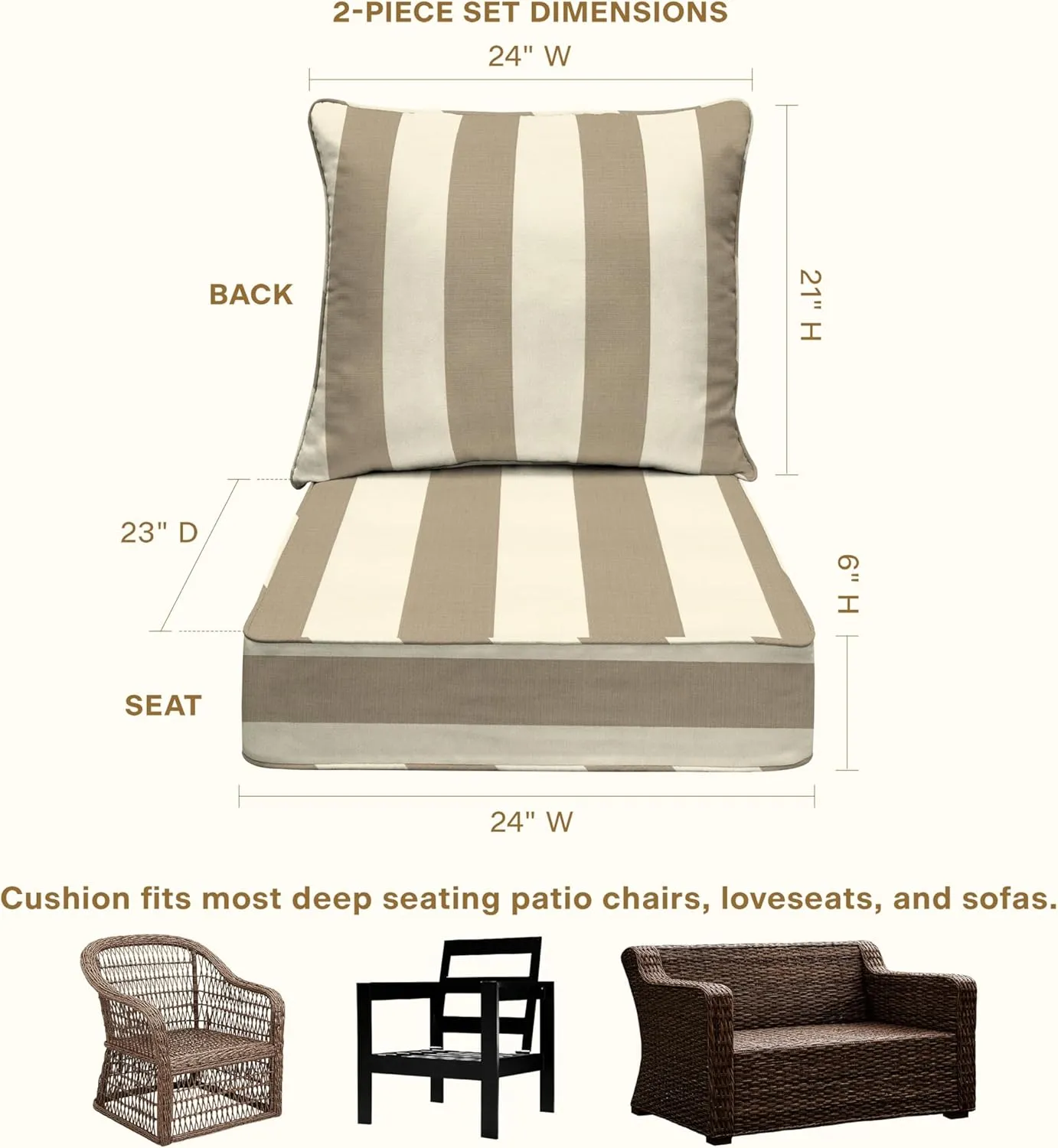 Honeycomb Outdoor Deep Seat, 24" W x 23" D, Cabana Stripe Tan Outdoor Chair Cushion