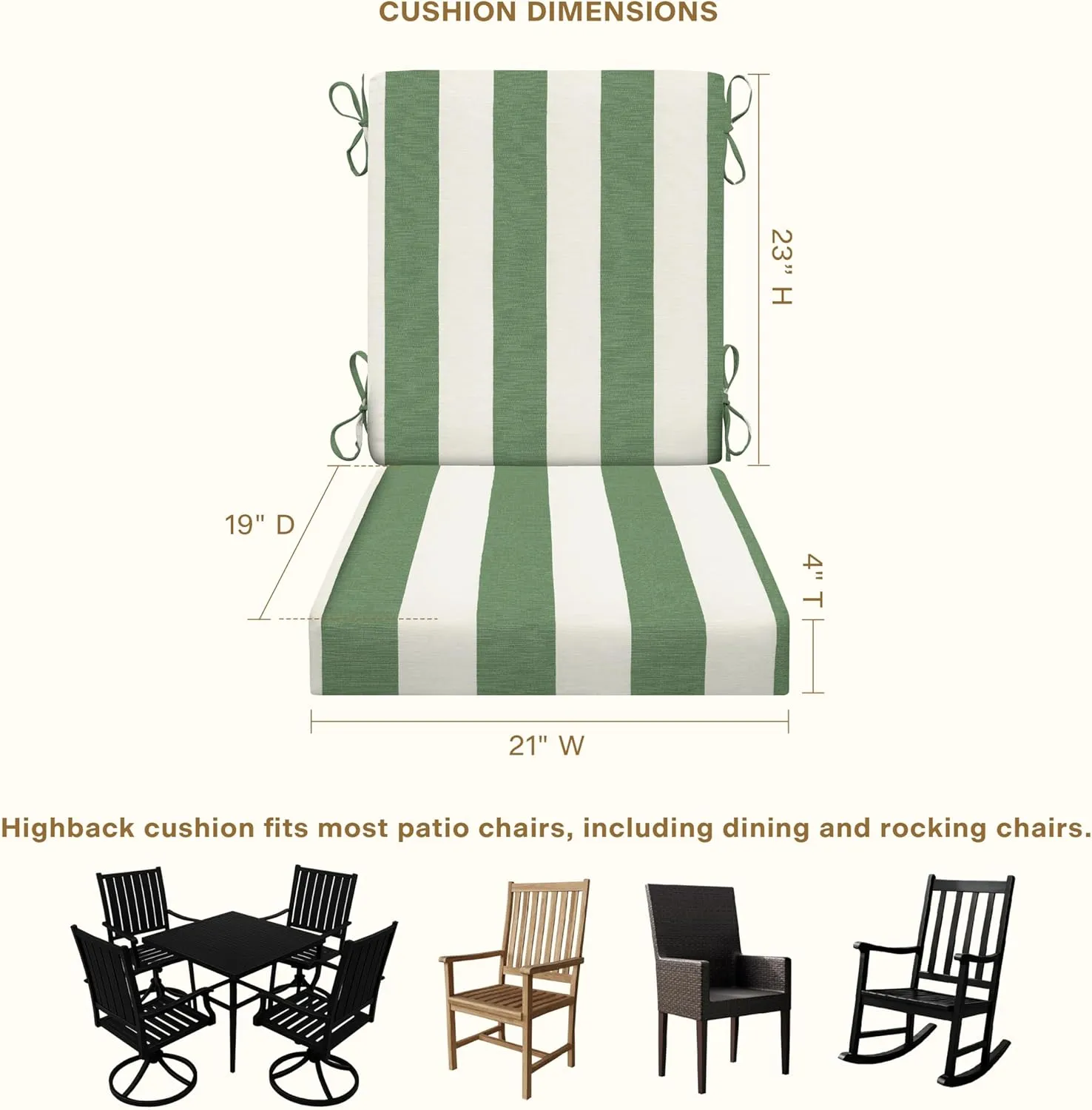 Honeycomb Outdoor Highback, 21" W x 42" L, Cabana Stripe Green & Cream Outdoor Chair Cushion