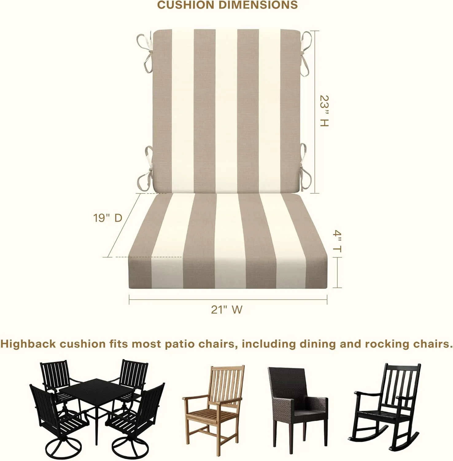 Honeycomb Outdoor Highback, 21" W x 42" L, Cabana Stripe Tan Outdoor Chair Cushion