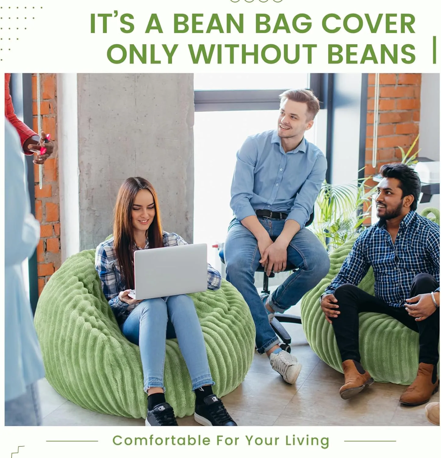 Honeydak Ribbed Rabbit Fur Stuffed Animal Storage Bean Bag Chair Cover (No Filler) Comfy Bean Bag Cover Without Filling or Home Bedroom Decor Organizing Plush Doll Textile Holder(Green,L)