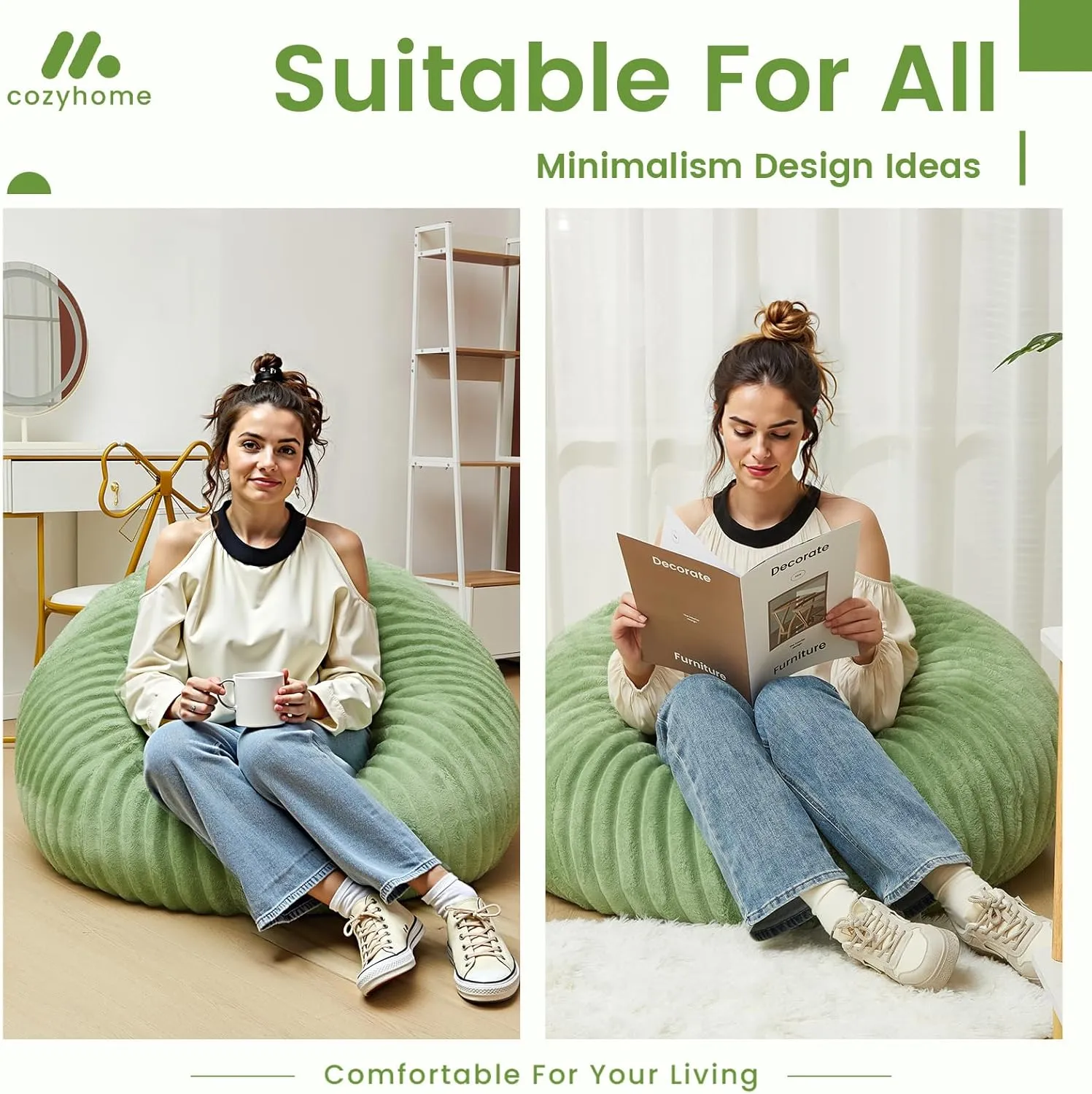 Honeydak Ribbed Rabbit Fur Stuffed Animal Storage Bean Bag Chair Cover (No Filler) Comfy Bean Bag Cover Without Filling or Home Bedroom Decor Organizing Plush Doll Textile Holder(Green,L)