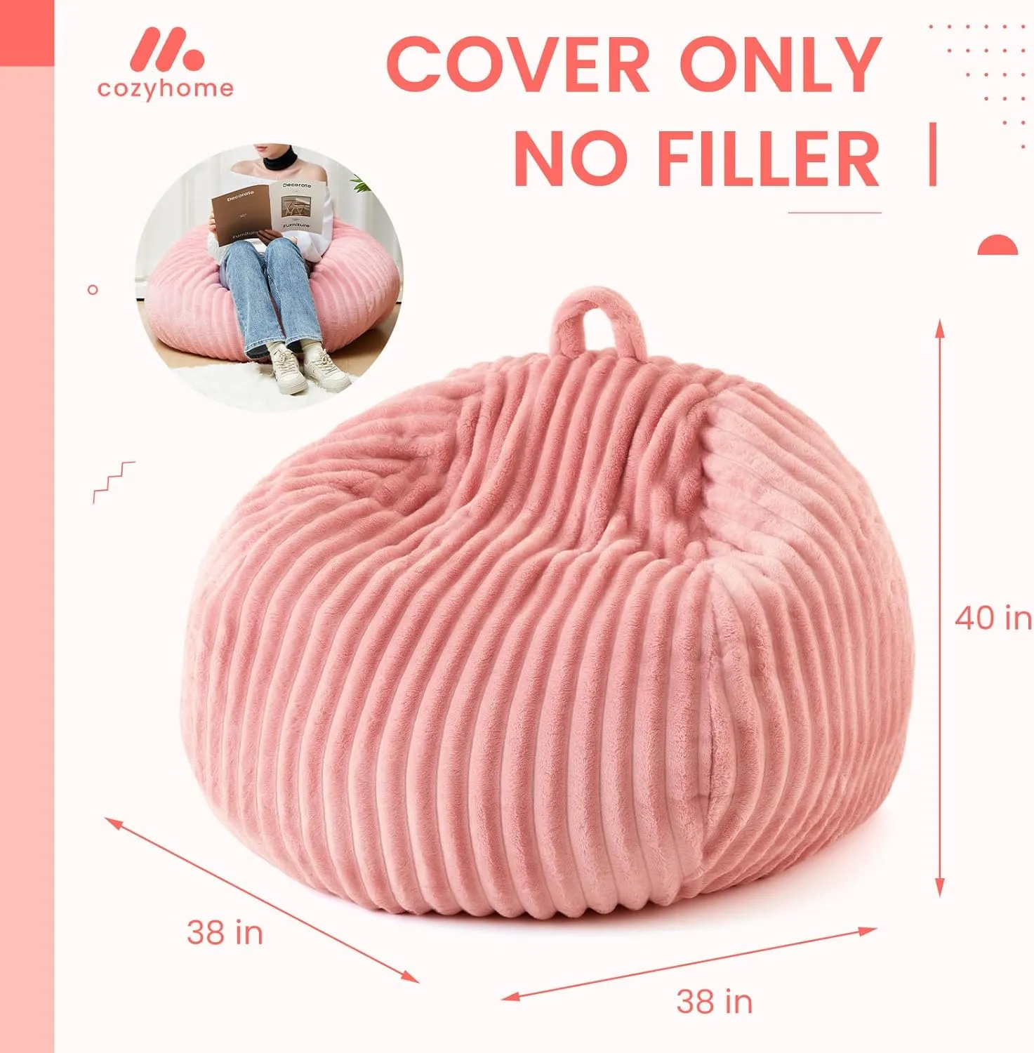 Honeydak Ribbed Rabbit Fur Stuffed Animal Storage Bean Bag Chair Cover (No Filler) Comfy Bean Bag Cover Without Filling or Home Bedroom Decor Organizing Plush Doll Textile Holder(Pink,L)