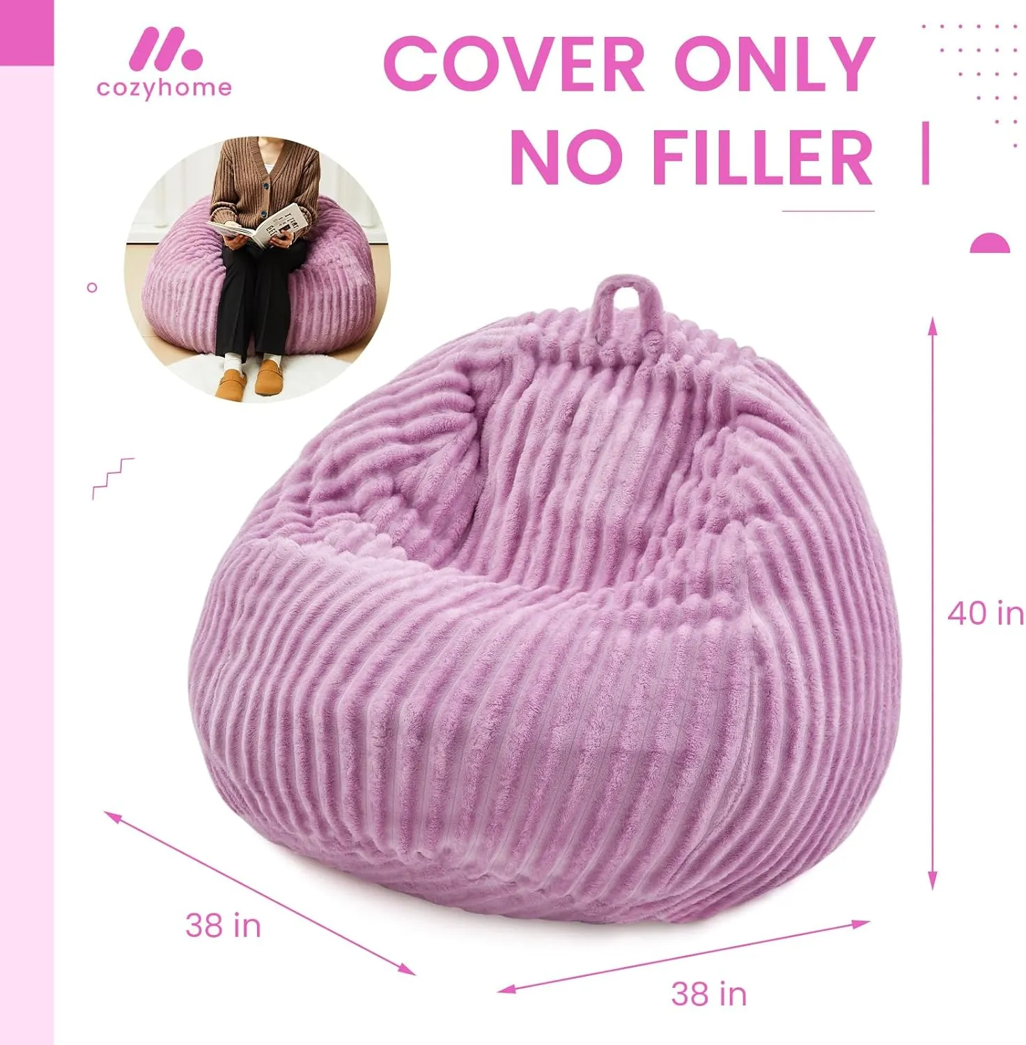 Honeydak Ribbed Rabbit Fur Stuffed Animal Storage Bean Bag Chair Cover (No Filler) Comfy Bean Bag Cover Without Filling or Home Bedroom Decor Organizing Plush Doll Textile Holder(Purple,L)