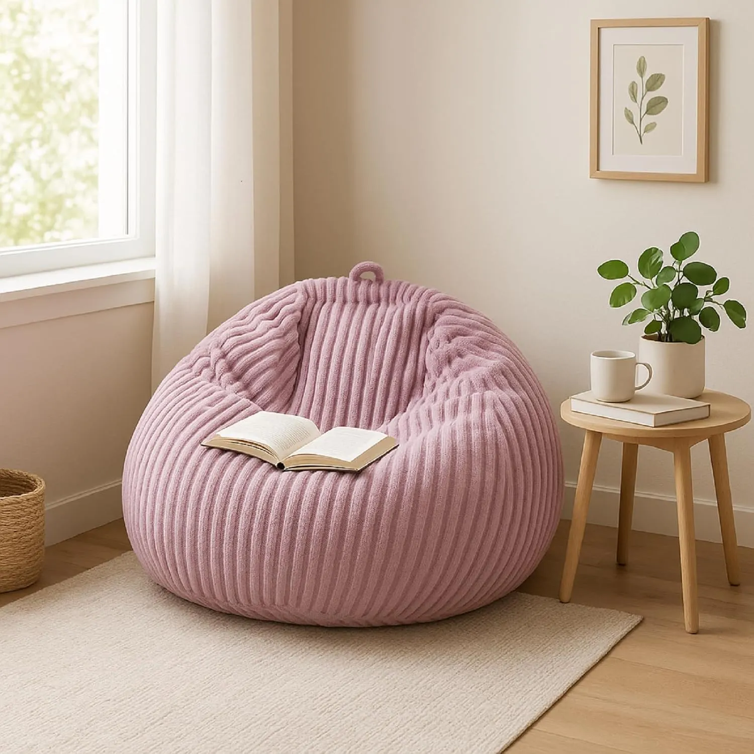 Honeydak Ribbed Rabbit Fur Stuffed Animal Storage Bean Bag Chair Cover (No Filler) Comfy Bean Bag Cover Without Filling or Home Bedroom Decor Organizing Plush Doll Textile Holder(Purple,L)