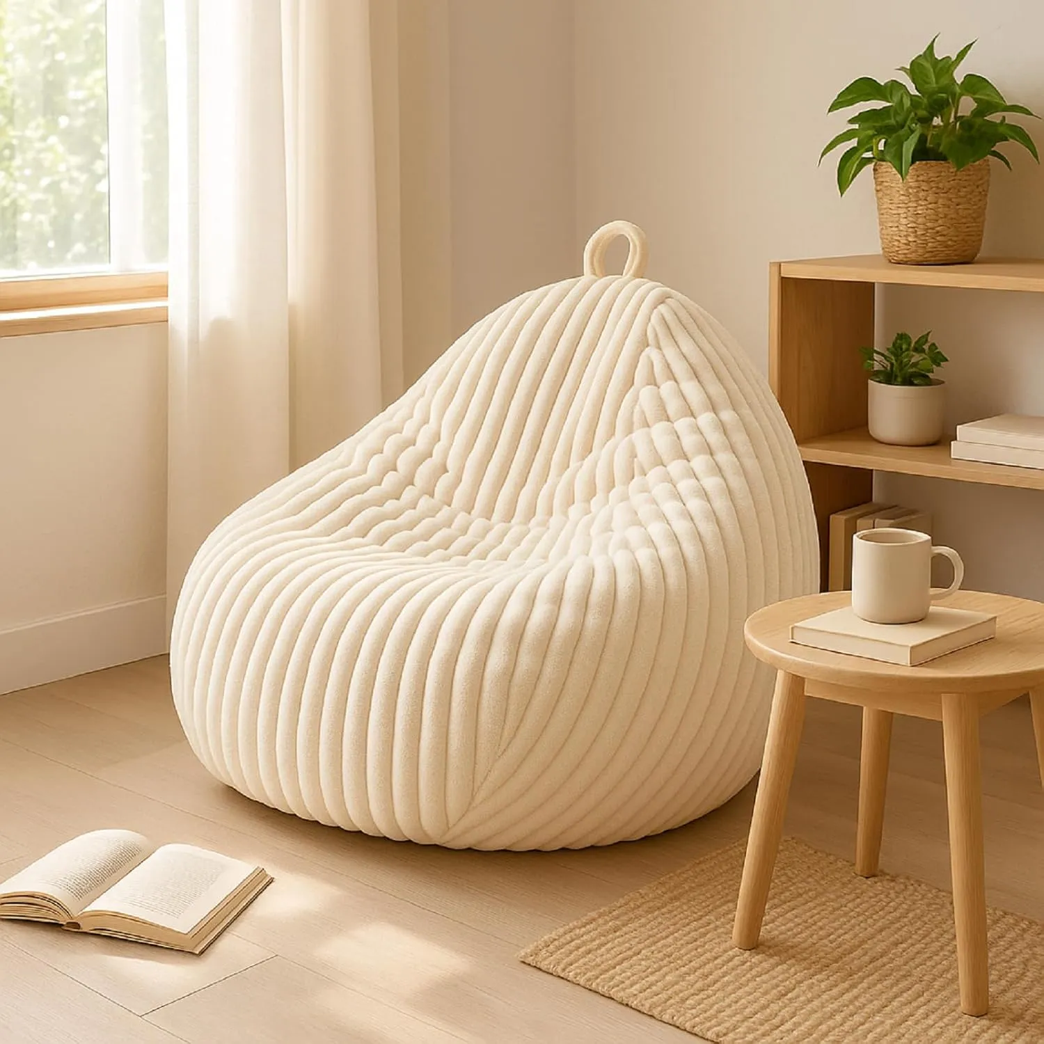 Honeydak Ribbed Rabbit Fur Stuffed Animal Storage Bean Bag Chair Cover (No Filler) Comfy Bean Bag Cover Without Filling or Home Bedroom Decor Organizing Plush Doll Textile Holder(White,L)