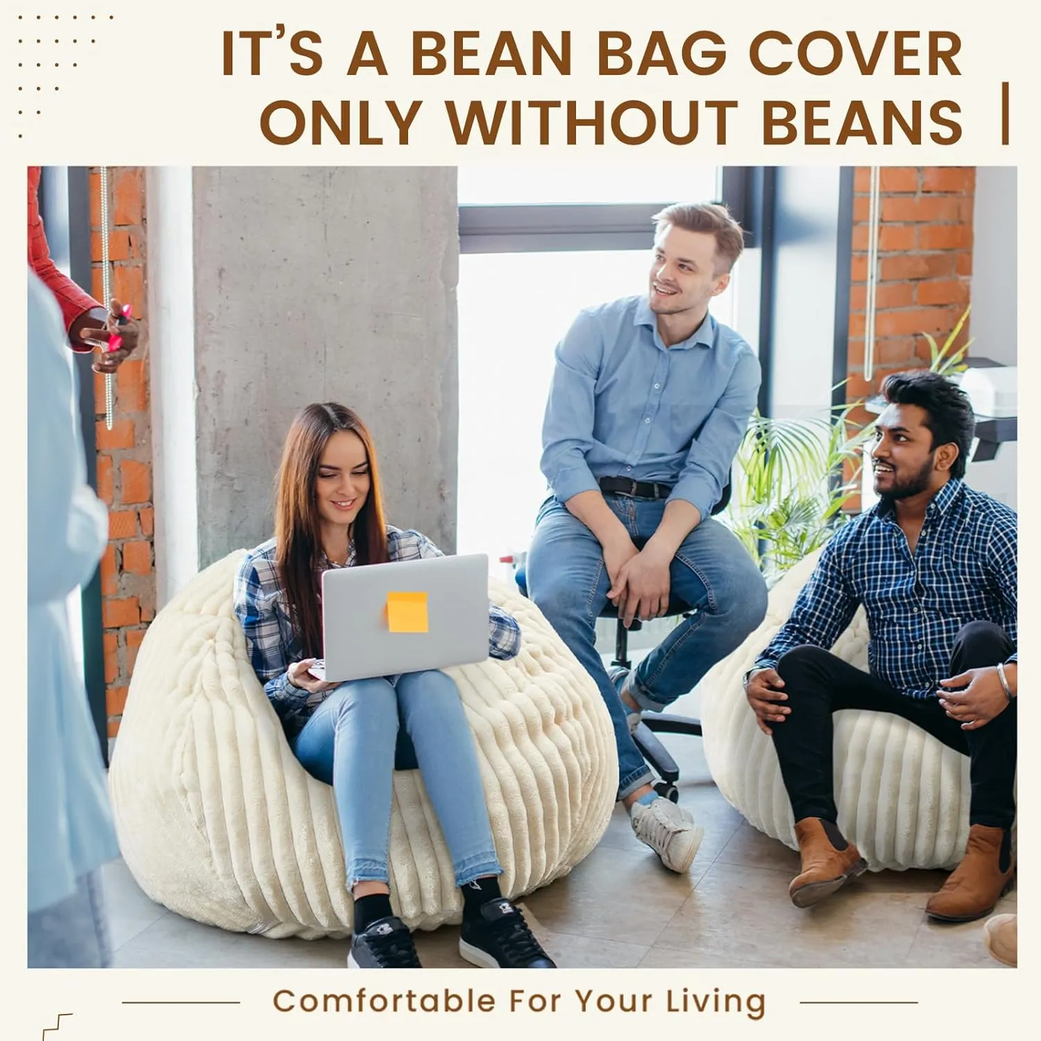 Honeydak Ribbed Rabbit Fur Stuffed Animal Storage Bean Bag Chair Cover (No Filler) Comfy Bean Bag Cover Without Filling or Home Bedroom Decor Organizing Plush Doll Textile Holder(White,L)