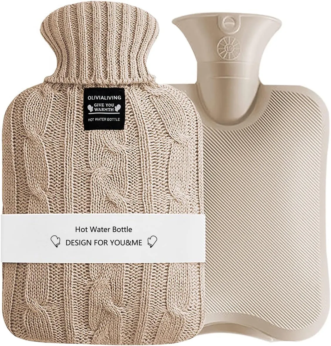 Hot Water Bag Hot Water Bottle 2 Liters Heat Up and Refreezable Hot Cold Pack with Knit Cover for Pain Relief Hot Cold Therapy Khaki