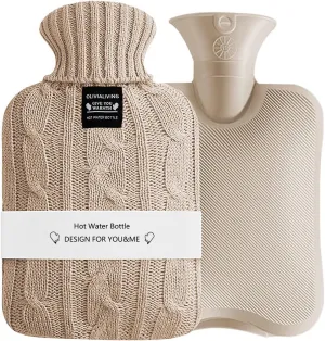Hot Water Bag Hot Water Bottle 2 Liters Heat Up and Refreezable Hot Cold Pack with Knit Cover for Pain Relief Hot Cold Therapy Khaki