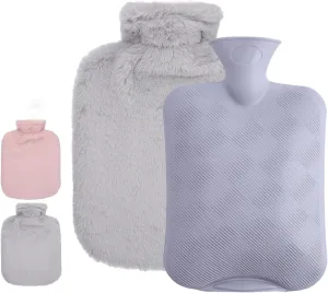 Hot Water Bottle with Soft Cover 2 Liter Classic Rubber Hot Water Bag for Cramps Neck Shoulders Pain Relief Hot Cold Pack for Hot and Cold Therapy and Feet Warmer Grey