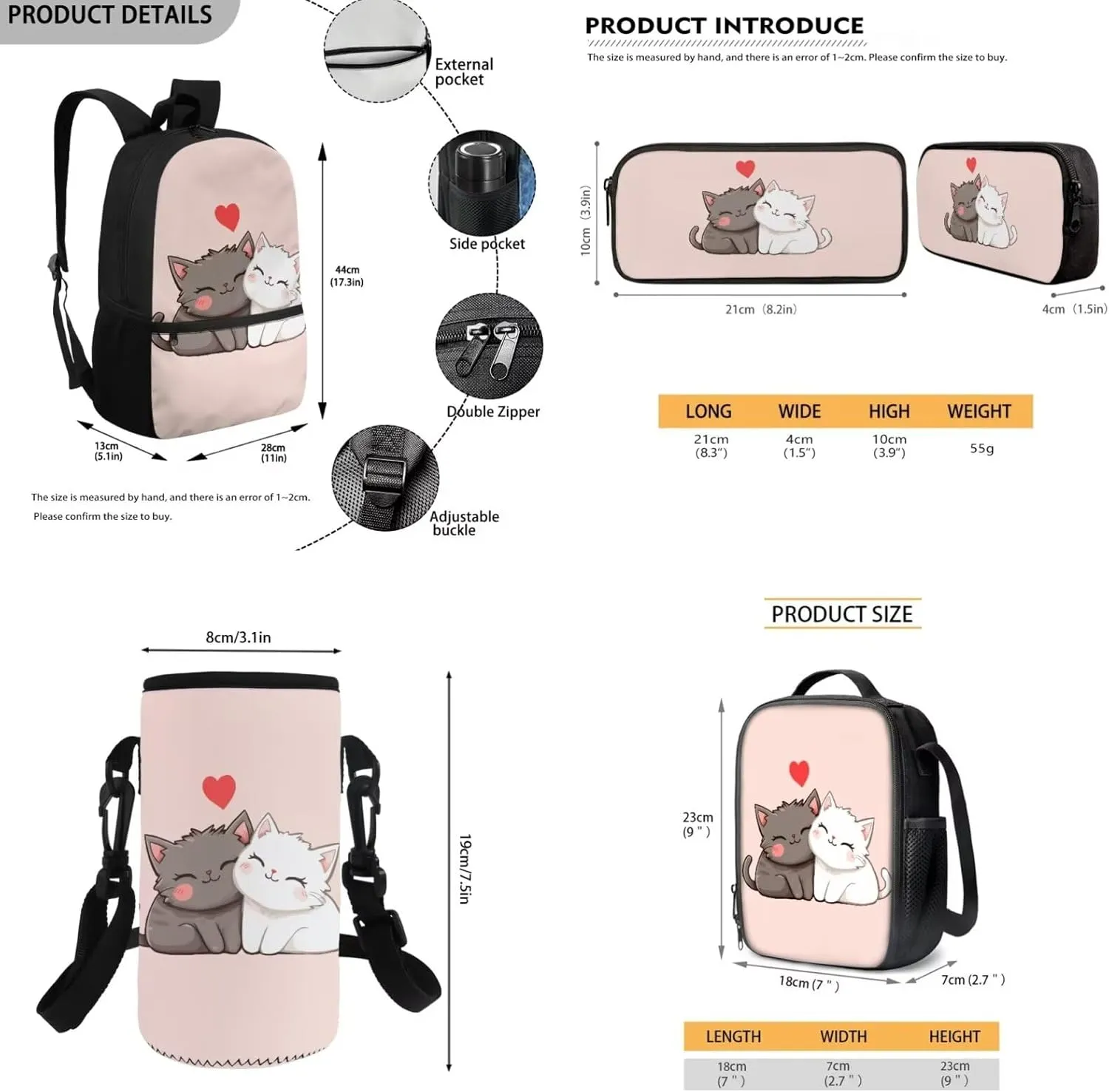 HUGS IDEA Cartton Cat Backpack for Girls Lightweight School Backpack with Lunch Bag 17 Inch Kids Bookbag for Elementary School Novelty School Bags for Girls 6-8 Kids Travel Daypack
