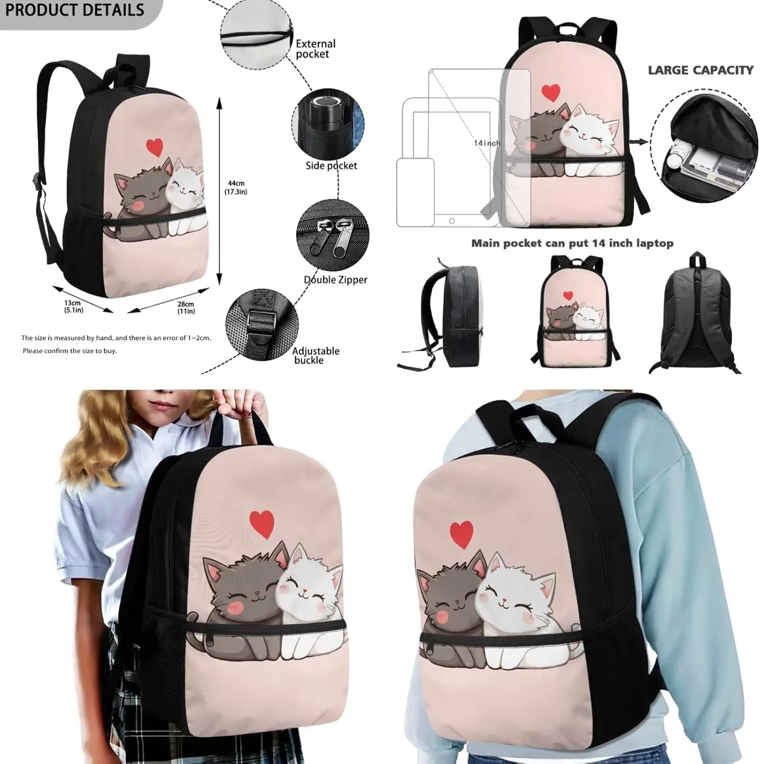 HUGS IDEA Cartton Cat Backpack for Girls Lightweight School Backpack with Lunch Bag 17 Inch Kids Bookbag for Elementary School Novelty School Bags for Girls 6-8 Kids Travel Daypack