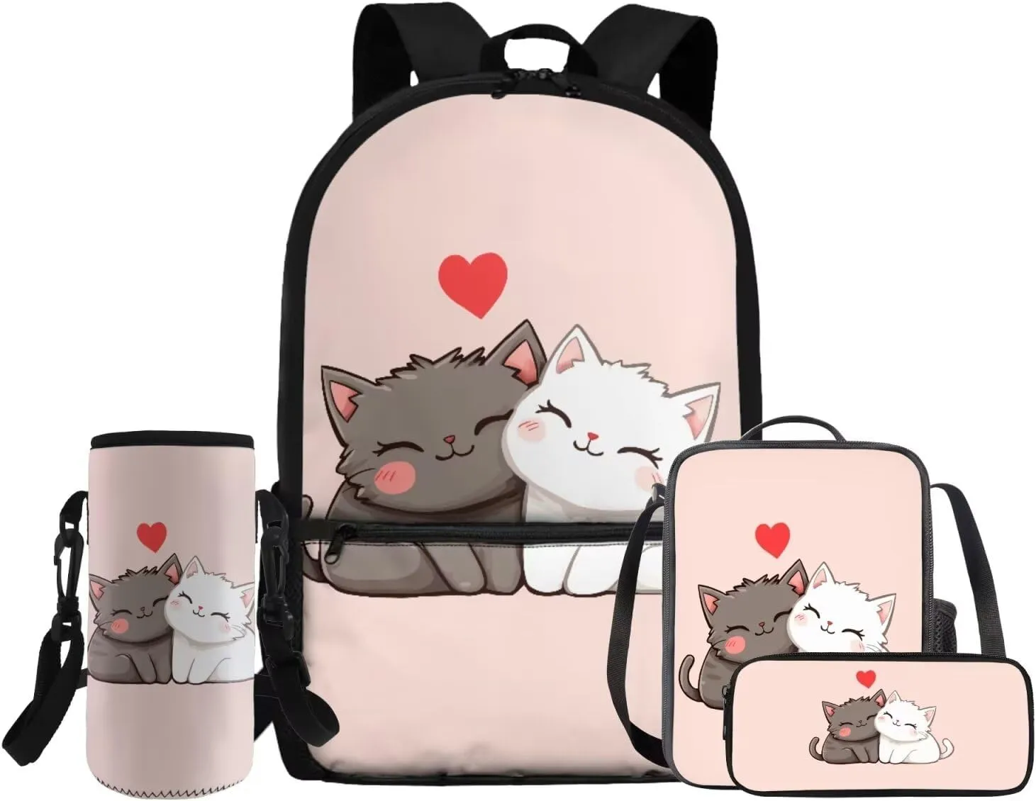 HUGS IDEA Cartton Cat Backpack for Girls Lightweight School Backpack with Lunch Bag 17 Inch Kids Bookbag for Elementary School Novelty School Bags for Girls 6-8 Kids Travel Daypack