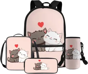 HUGS IDEA Cartton Cat Backpack for Girls Lightweight School Backpack with Lunch Bag 17 Inch Kids Bookbag for Elementary School Novelty School Bags for Girls 6-8 Kids Travel Daypack