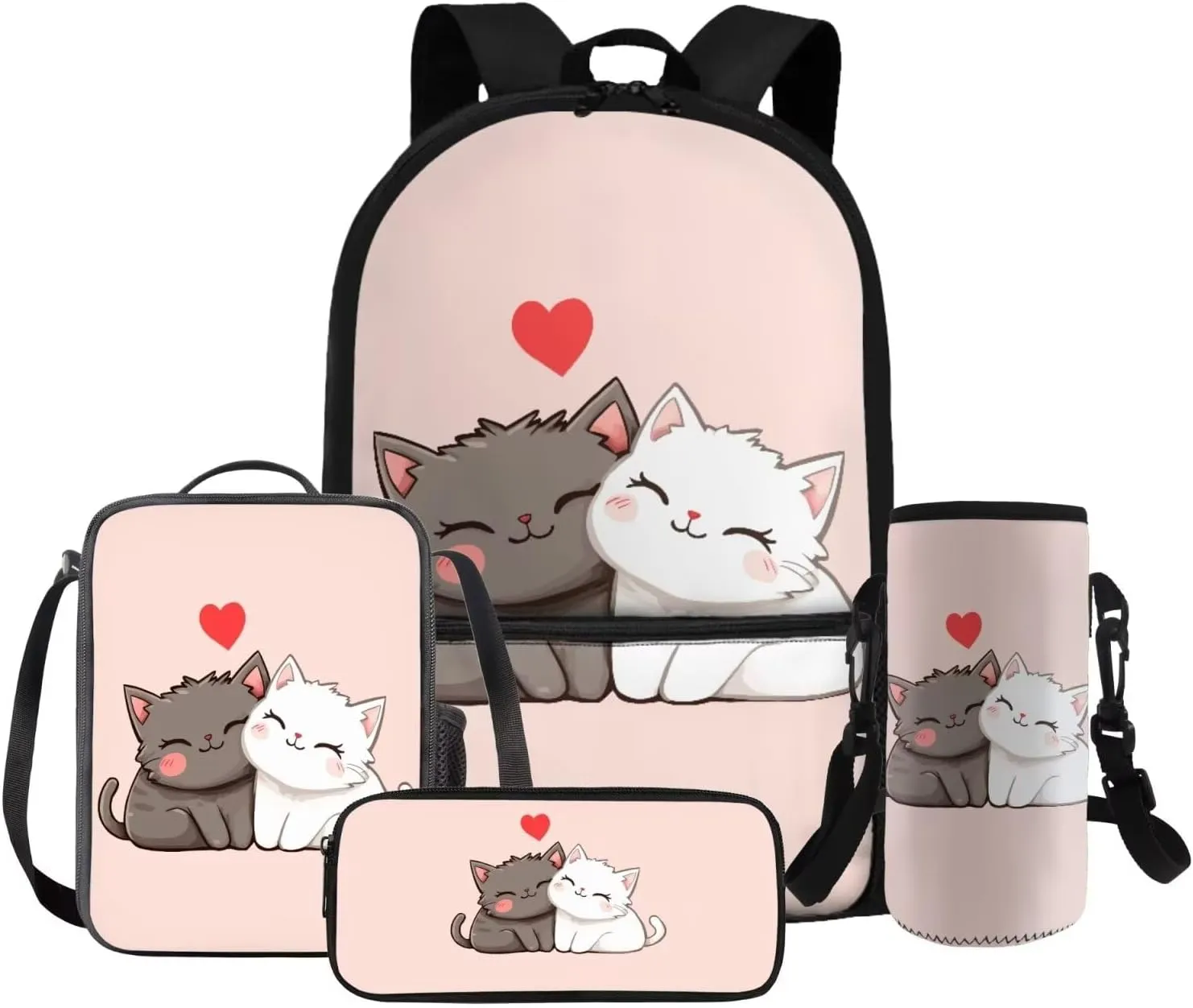 HUGS IDEA Cartton Cat Backpack for Girls Lightweight School Backpack with Lunch Bag 17 Inch Kids Bookbag for Elementary School Novelty School Bags for Girls 6-8 Kids Travel Daypack