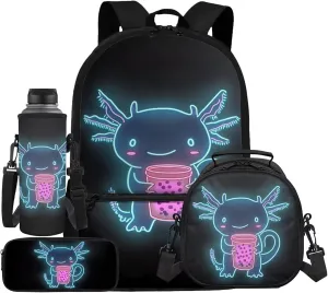 HUIACONG Axolotl Backpack for Boys with Lunch Box Set Girls Bookbag Age 6-8/8-10 Kindergarten School Bag Lunchbox Pecnil Case Water Bottle Holder Back to School Supplies