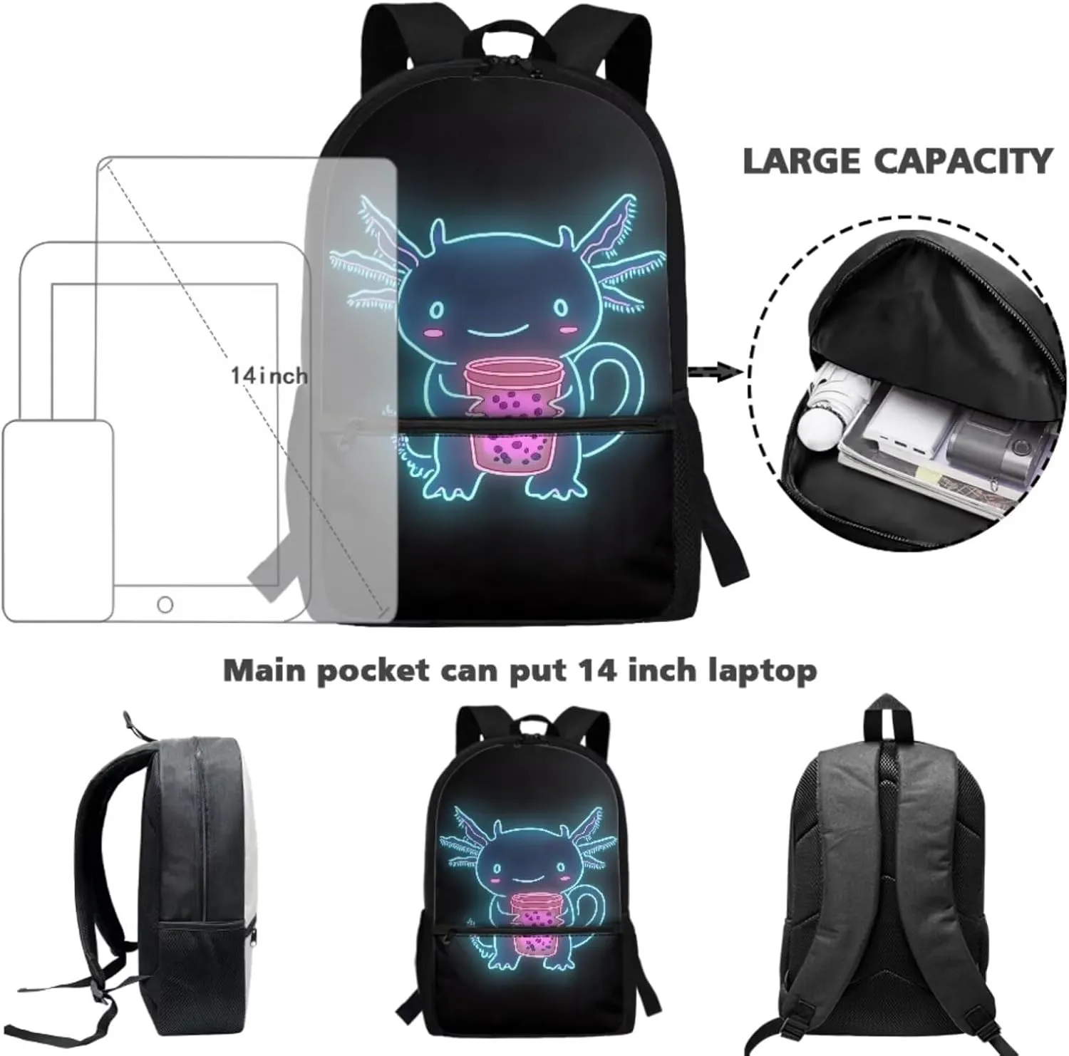 HUIACONG Axolotl Backpack for Boys with Lunch Box Set Girls Bookbag Age 6-8/8-10 Kindergarten School Bag Lunchbox Pecnil Case Water Bottle Holder Back to School Supplies