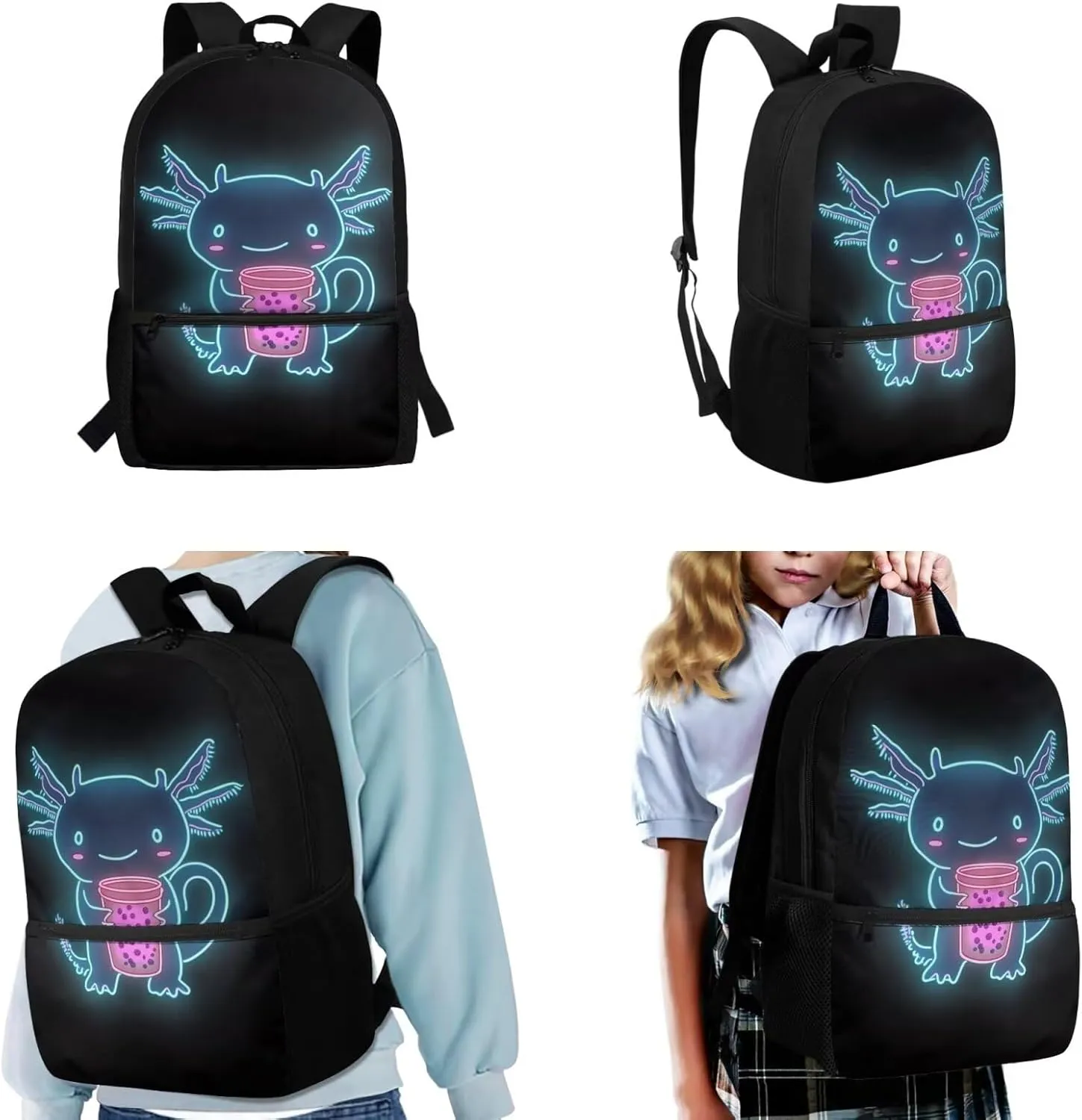 HUIACONG Axolotl Backpack for Boys with Lunch Box Set Girls Bookbag Age 6-8/8-10 Kindergarten School Bag Lunchbox Pecnil Case Water Bottle Holder Back to School Supplies