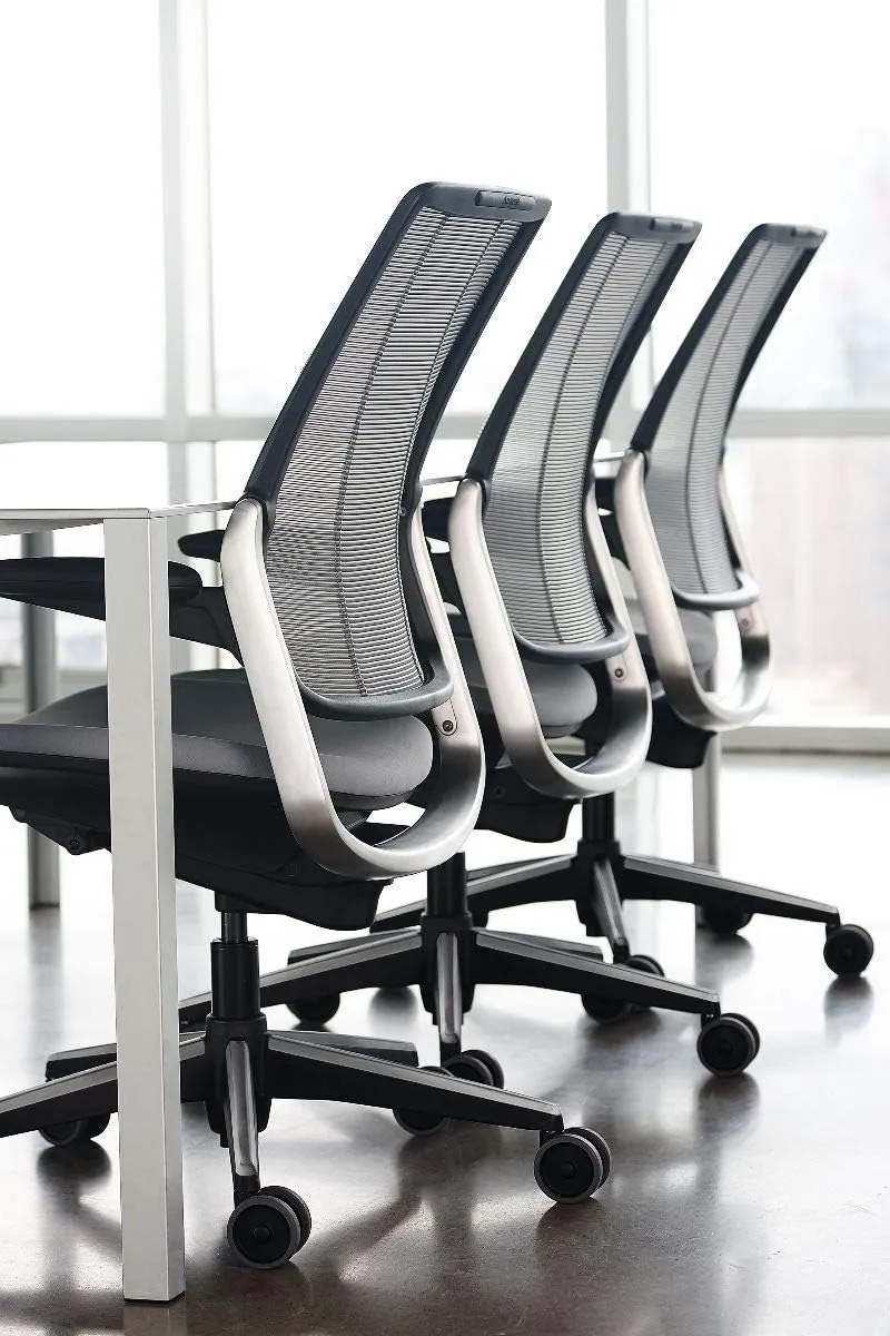 Humanscale Diffrient Smart Office Desk Chair - S413 Advanced Height Adjustable Duron Arms - Black Frame with Monofilament Stripe Black Mesh Back Deep Violet Corde4 Fabric - Standard Carpet Casters