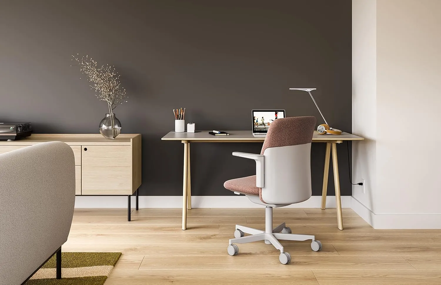 Humanscale Path Home Office Task Chair, Adjustable Duron Arms, Polished Aluminum with Light Gray Frame, and Storm Formsense Eco Knit Fabric with Optional Soft Casters for Hard Flooring
