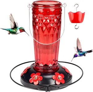 Hummingbird Feeder-16 Ounces，6 Feeding Ports Glass Hummingbird feeders for Outdoors,Wide Mouth for Easy Filling/Cleaning，Hanging for Garden Backyard Decor, Includes Ant Moat (Red)