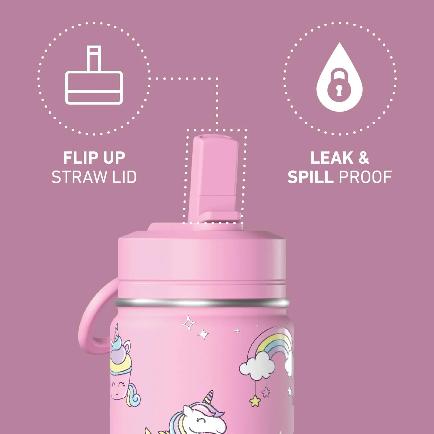 Hydrapeak 14oz Mini Fun Sticker Print Water Bottle with Straw Lid, Stainless Steel Double Wall Insulated, Leak-Proof and Spill-Proof, Unicorn Clouds Bubblegum