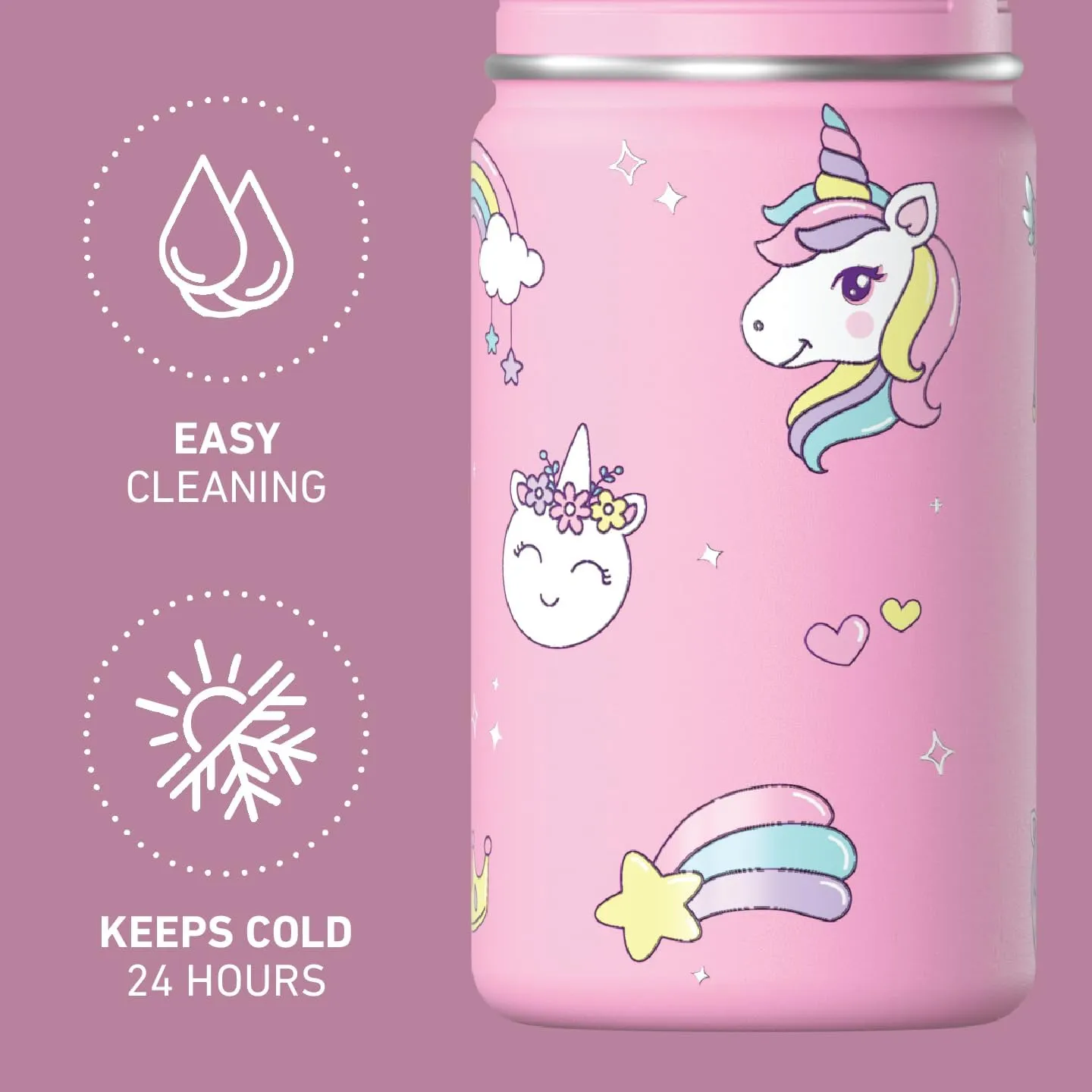 Hydrapeak 14oz Mini Fun Sticker Print Water Bottle with Straw Lid, Stainless Steel Double Wall Insulated, Leak-Proof and Spill-Proof, Unicorn Clouds Bubblegum