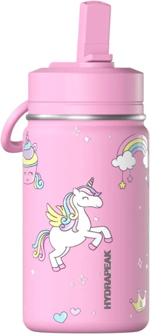 Hydrapeak 14oz Mini Fun Sticker Print Water Bottle with Straw Lid, Stainless Steel Double Wall Insulated, Leak-Proof and Spill-Proof, Unicorn Clouds Bubblegum