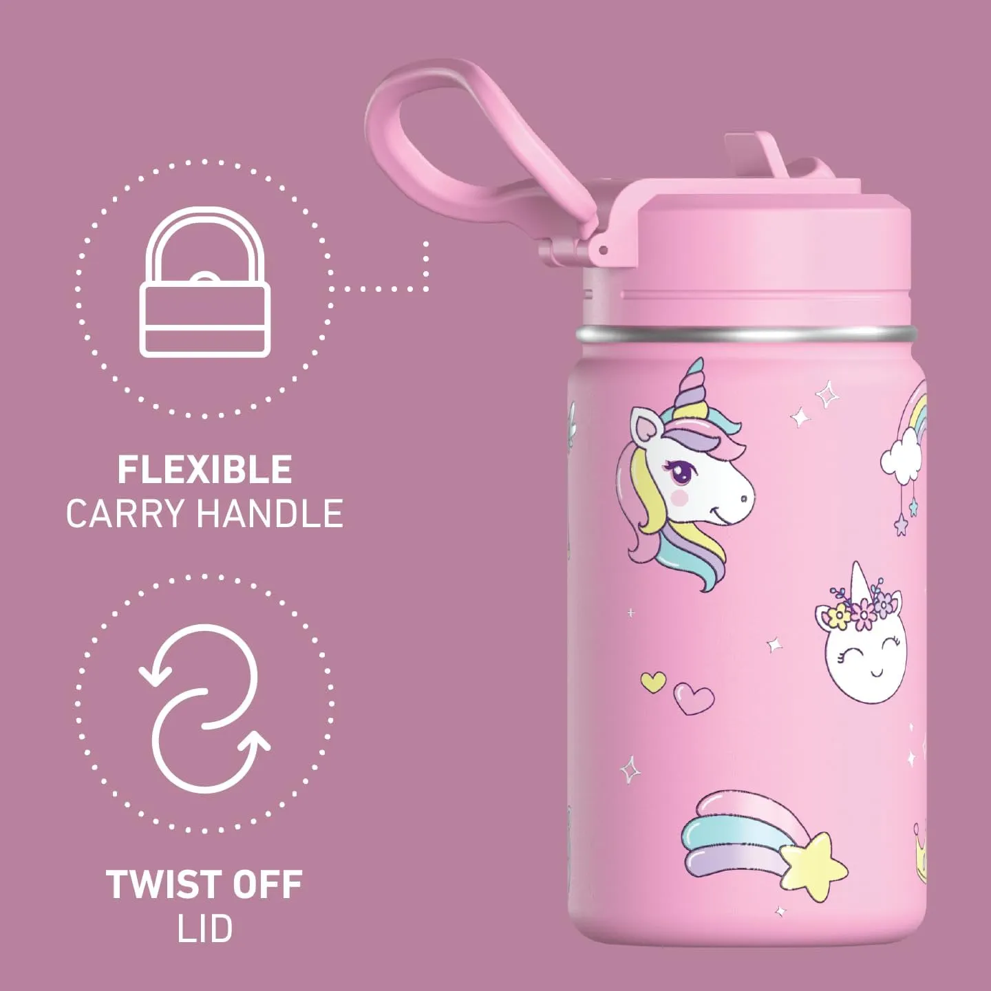 Hydrapeak 14oz Mini Fun Sticker Print Water Bottle with Straw Lid, Stainless Steel Double Wall Insulated, Leak-Proof and Spill-Proof, Unicorn Clouds Bubblegum