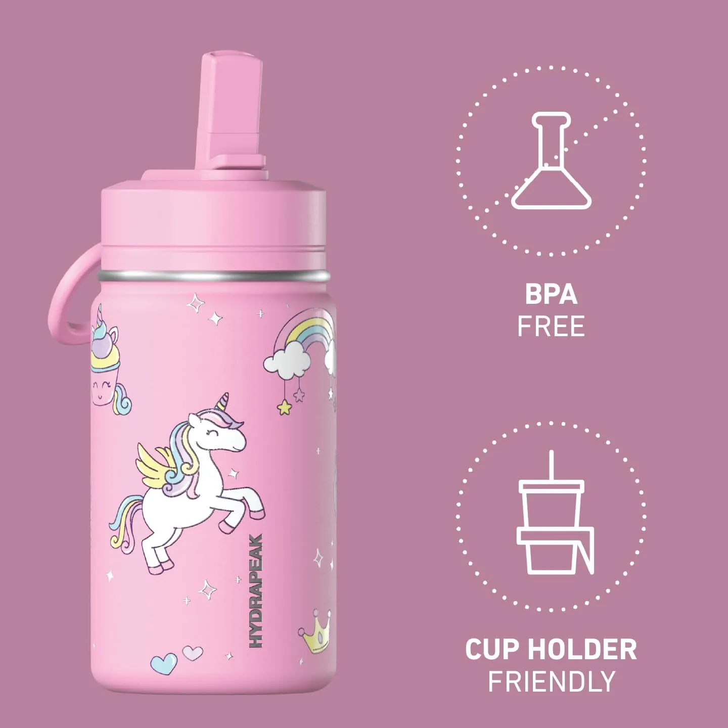 Hydrapeak 14oz Mini Fun Sticker Print Water Bottle with Straw Lid, Stainless Steel Double Wall Insulated, Leak-Proof and Spill-Proof, Unicorn Clouds Bubblegum